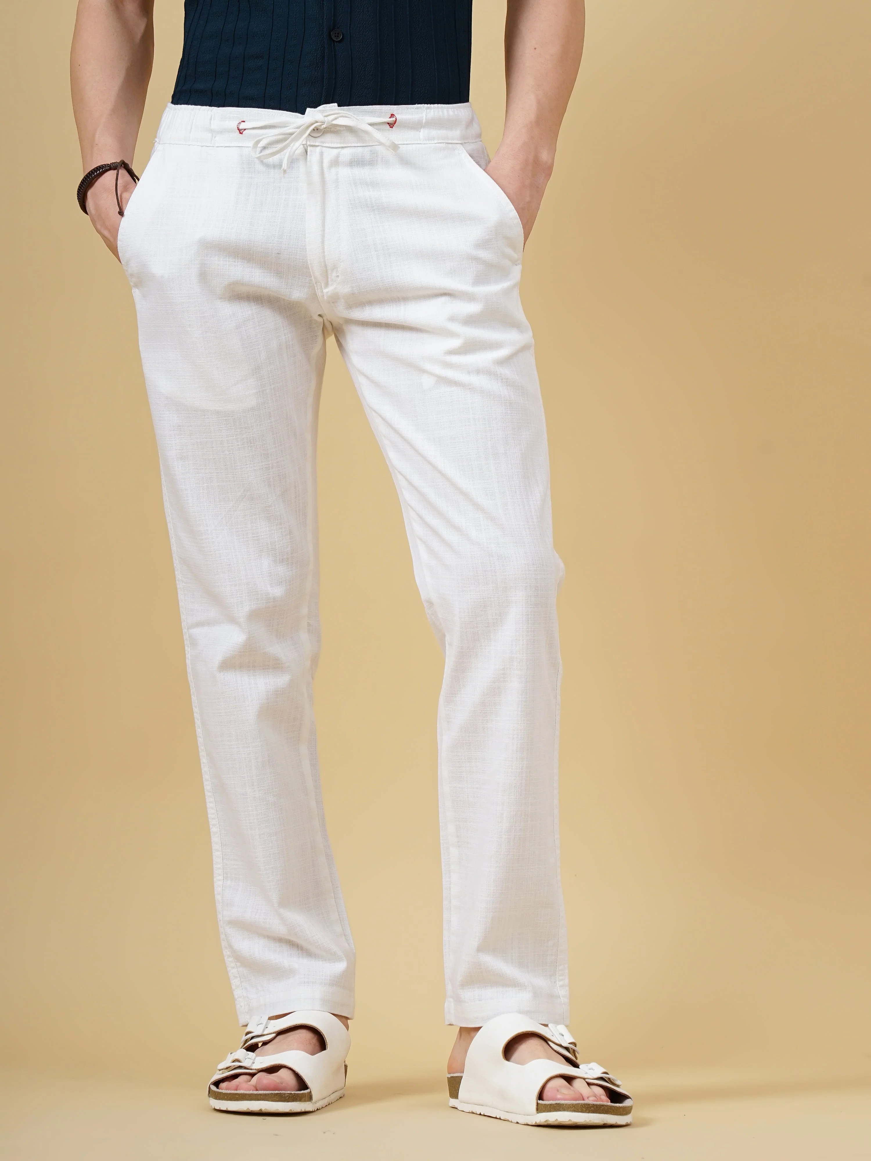 Men Linen Straight Fit White Trouser - Image 2
