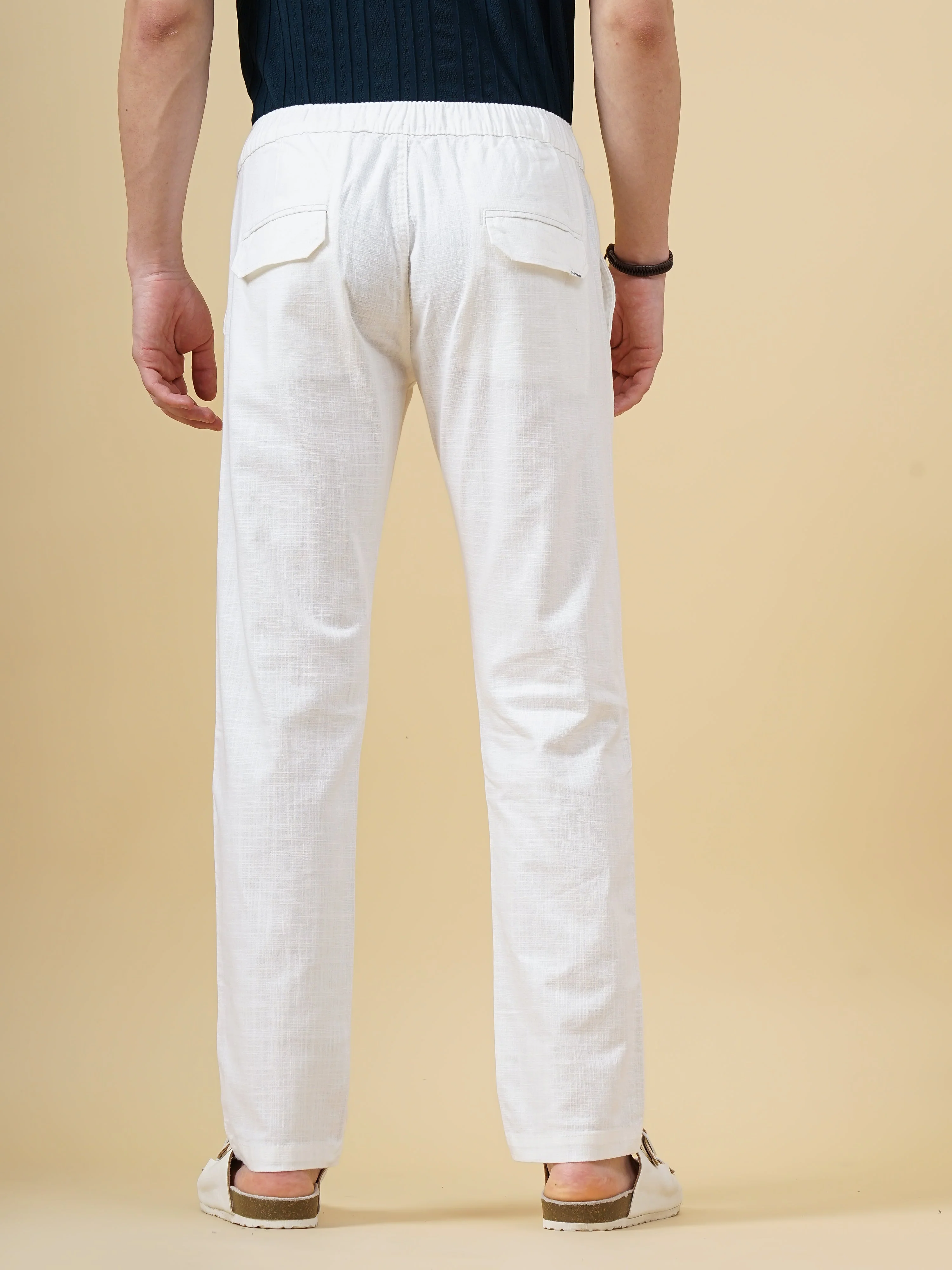 Men Linen Straight Fit White Trouser - Image 3
