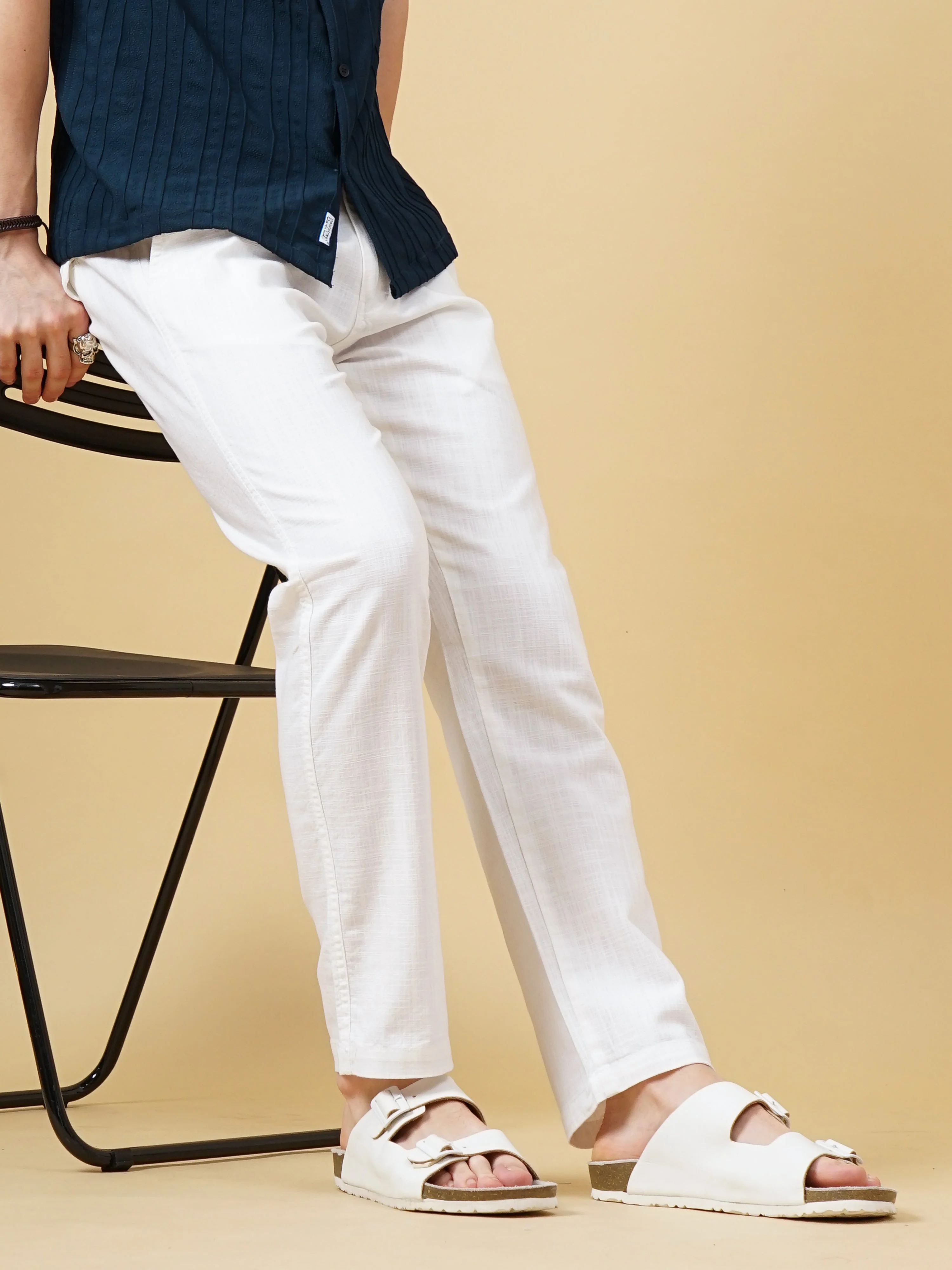 Men Linen Straight Fit White Trouser - Image 4