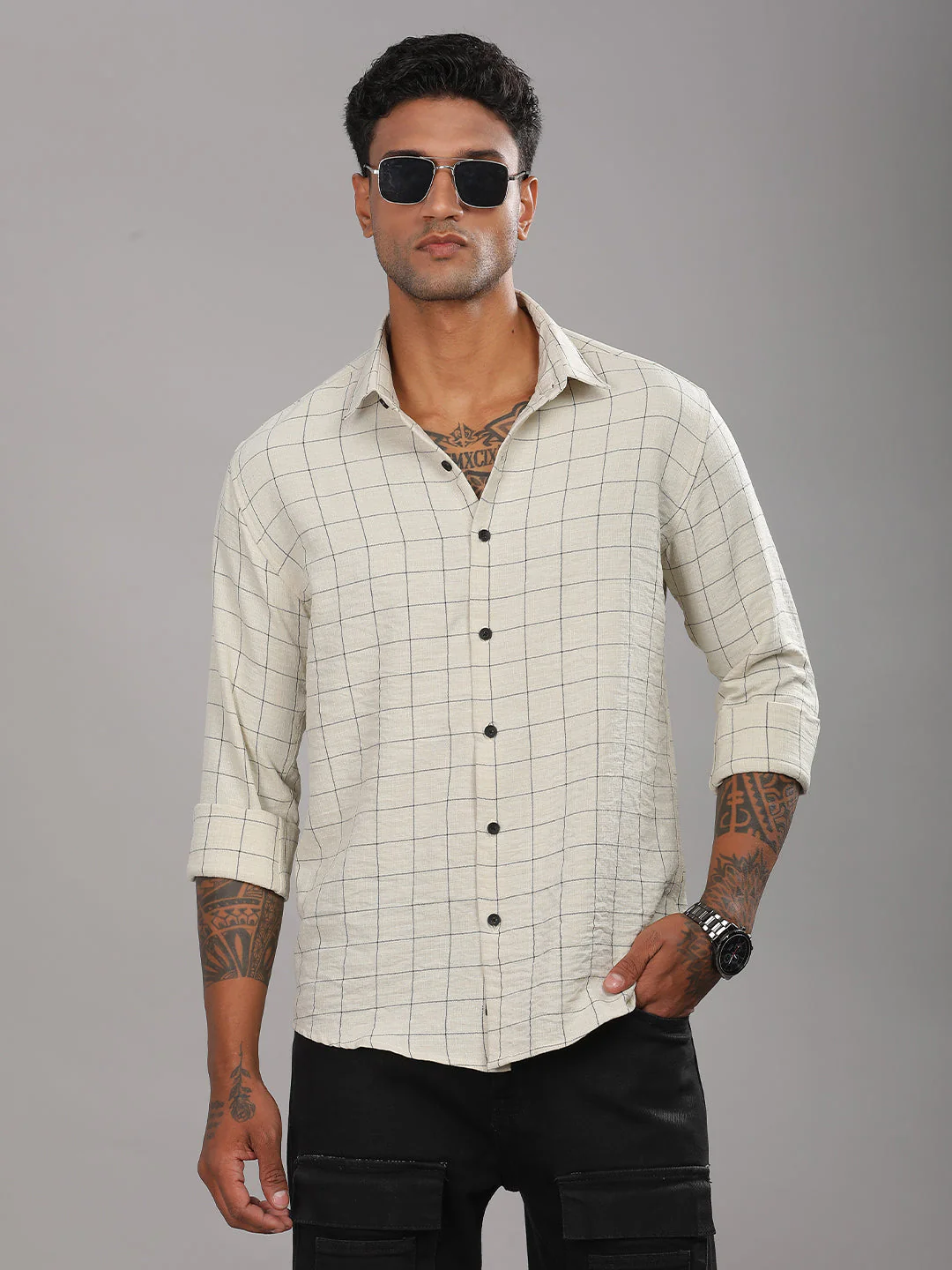 Men Linovite Checks Beige Shirt - Image 2