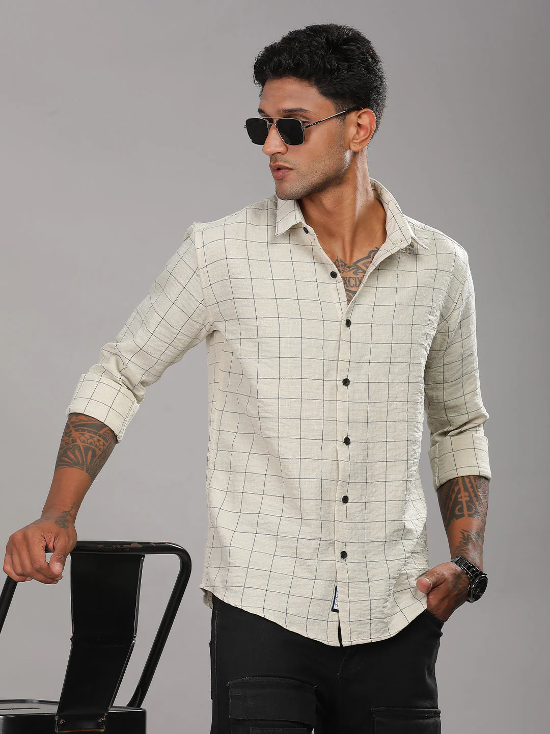 Men Linovite Checks Beige Shirt - Image 4