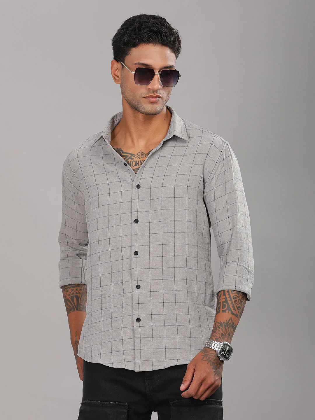 Men Linovite Checks Grey Shirt - Image 2