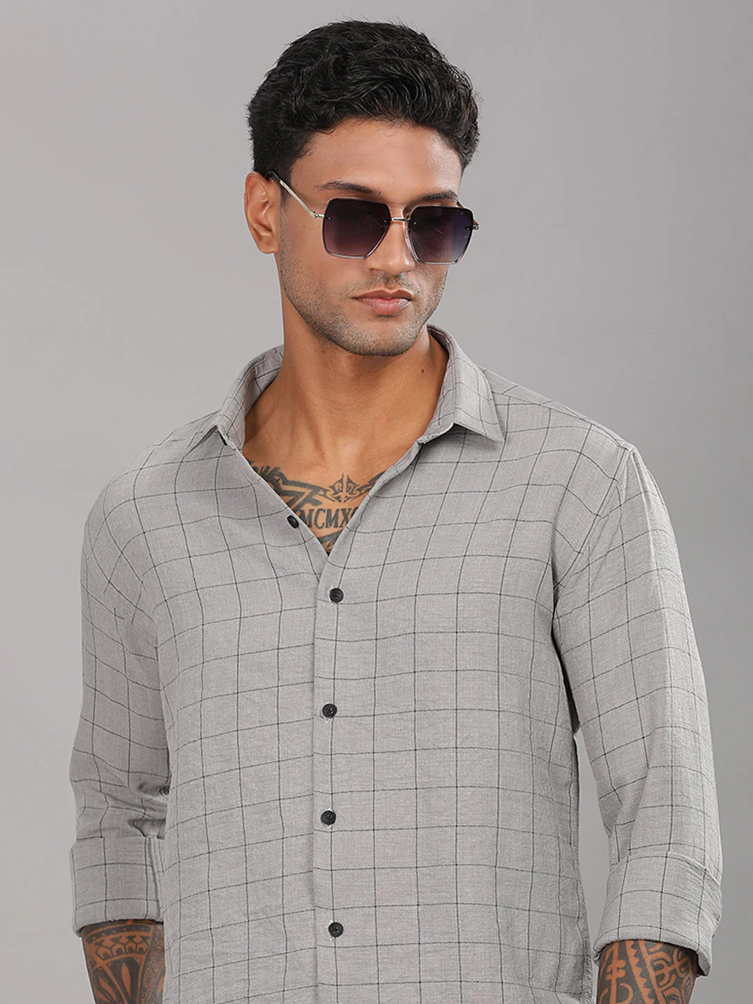 Men Linovite Checks Grey Shirt - Image 4