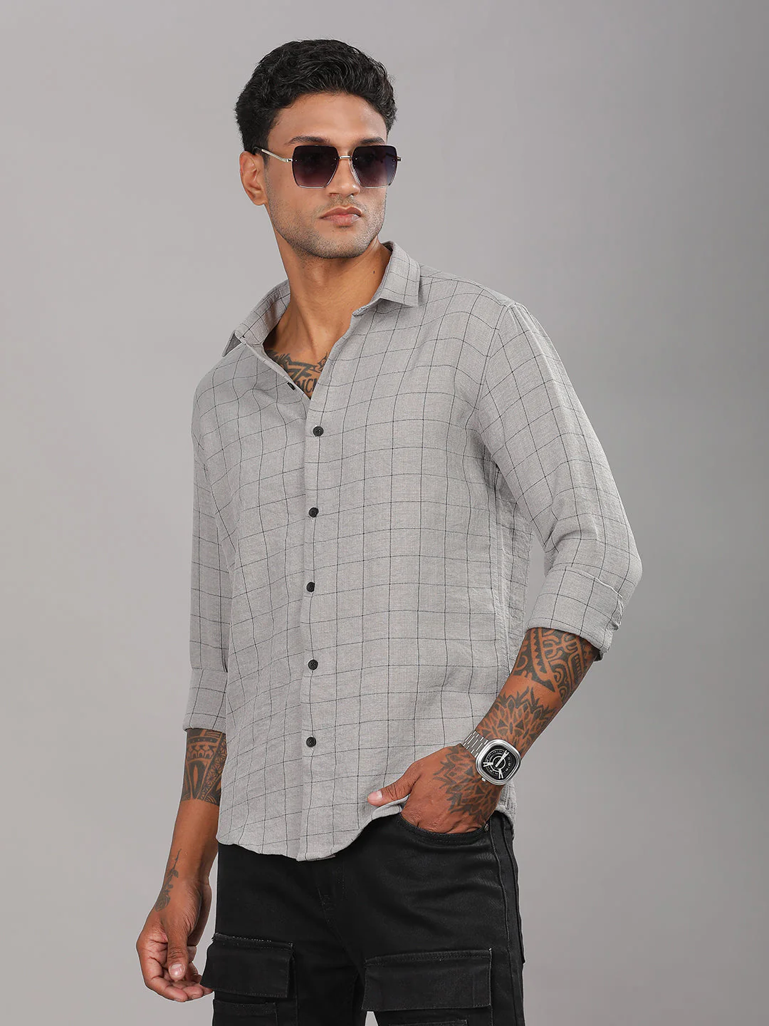 Men Linovite Checks Grey Shirt - Image 5