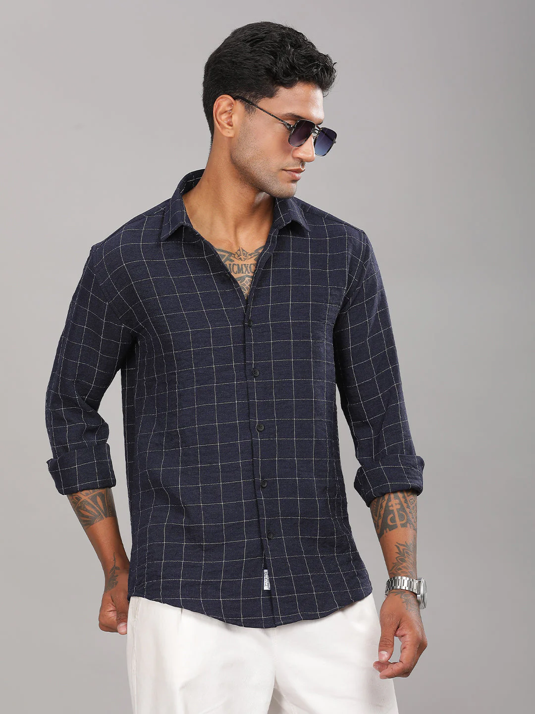 Men Linovite Checks Navy Shirt - Image 2