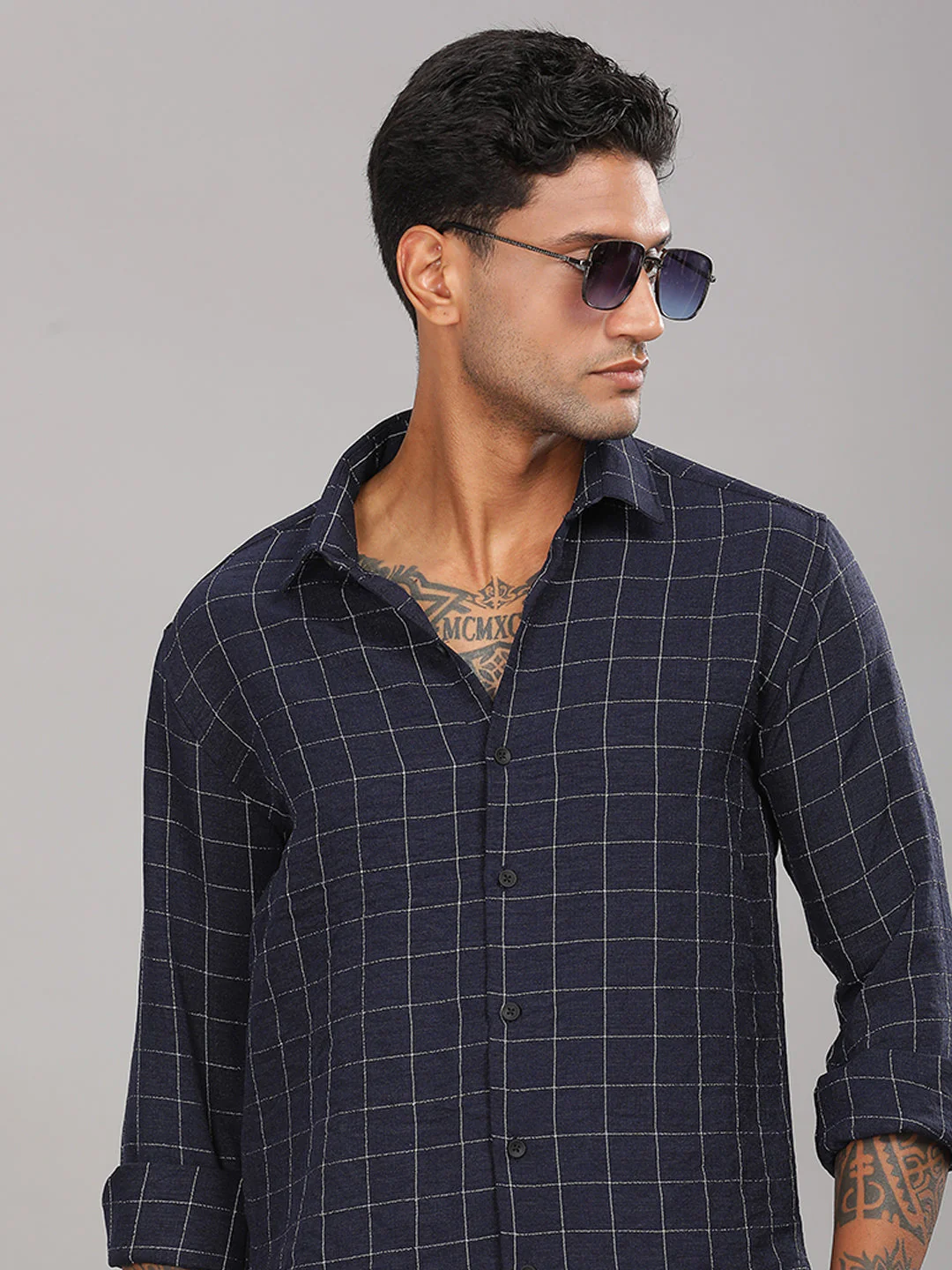 Men Linovite Checks Navy Shirt - Image 4