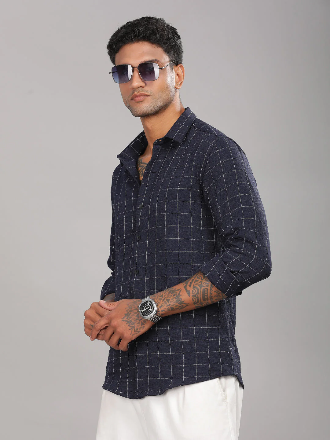 Men Linovite Checks Navy Shirt - Image 5