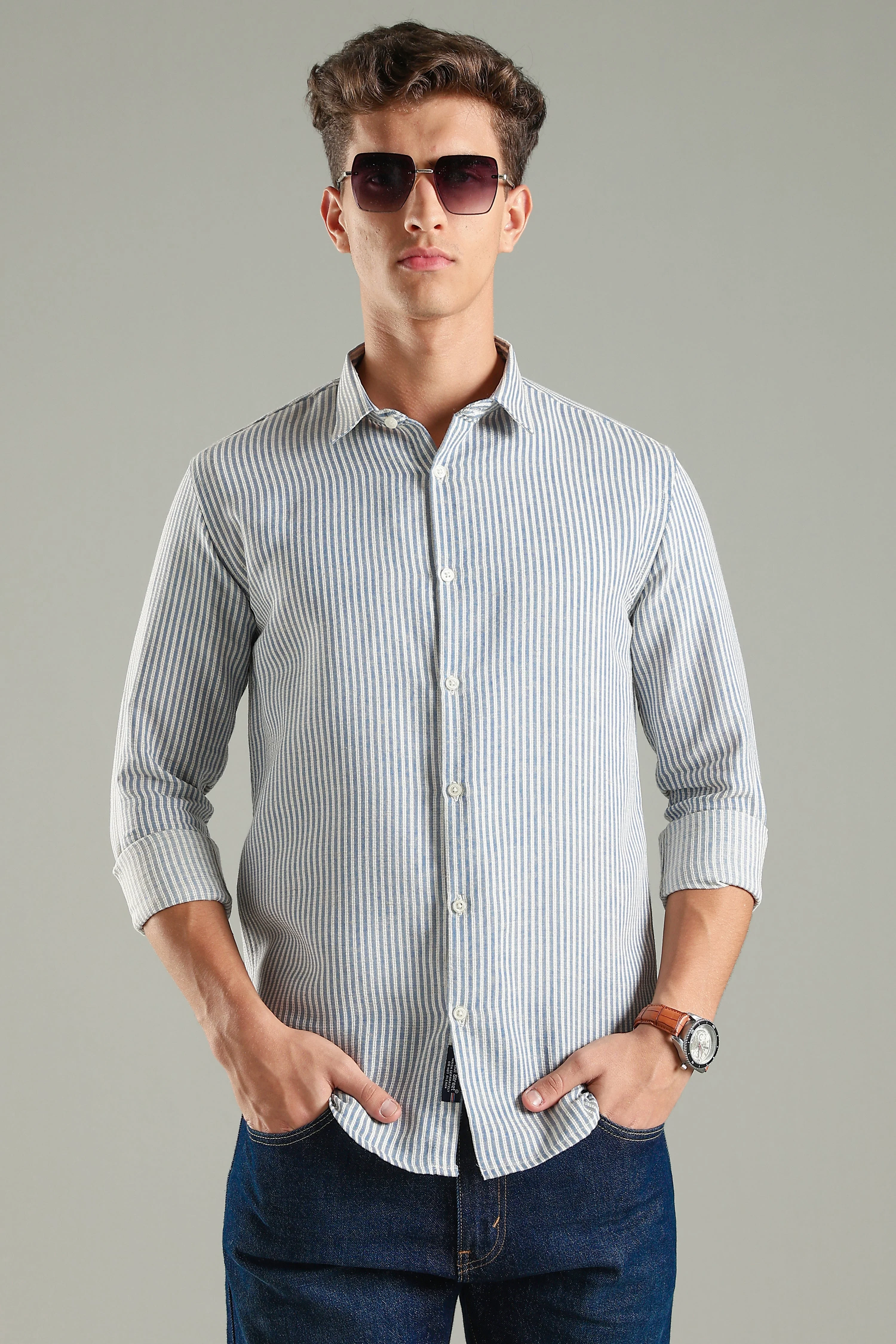 Men Looma Blue Stripes Shirt - Image 6