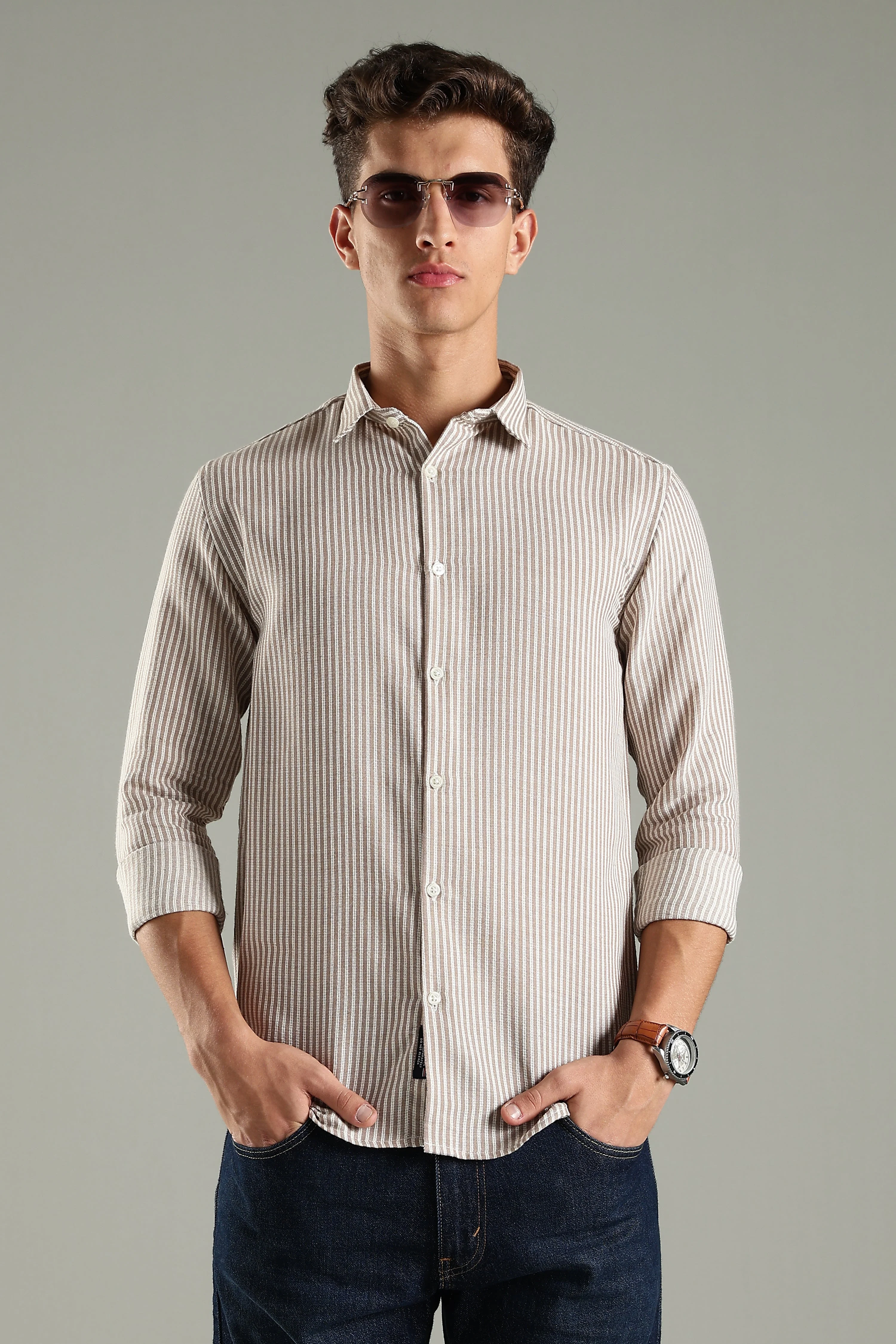 Men Looma Brown Stripes Shirt - Image 5