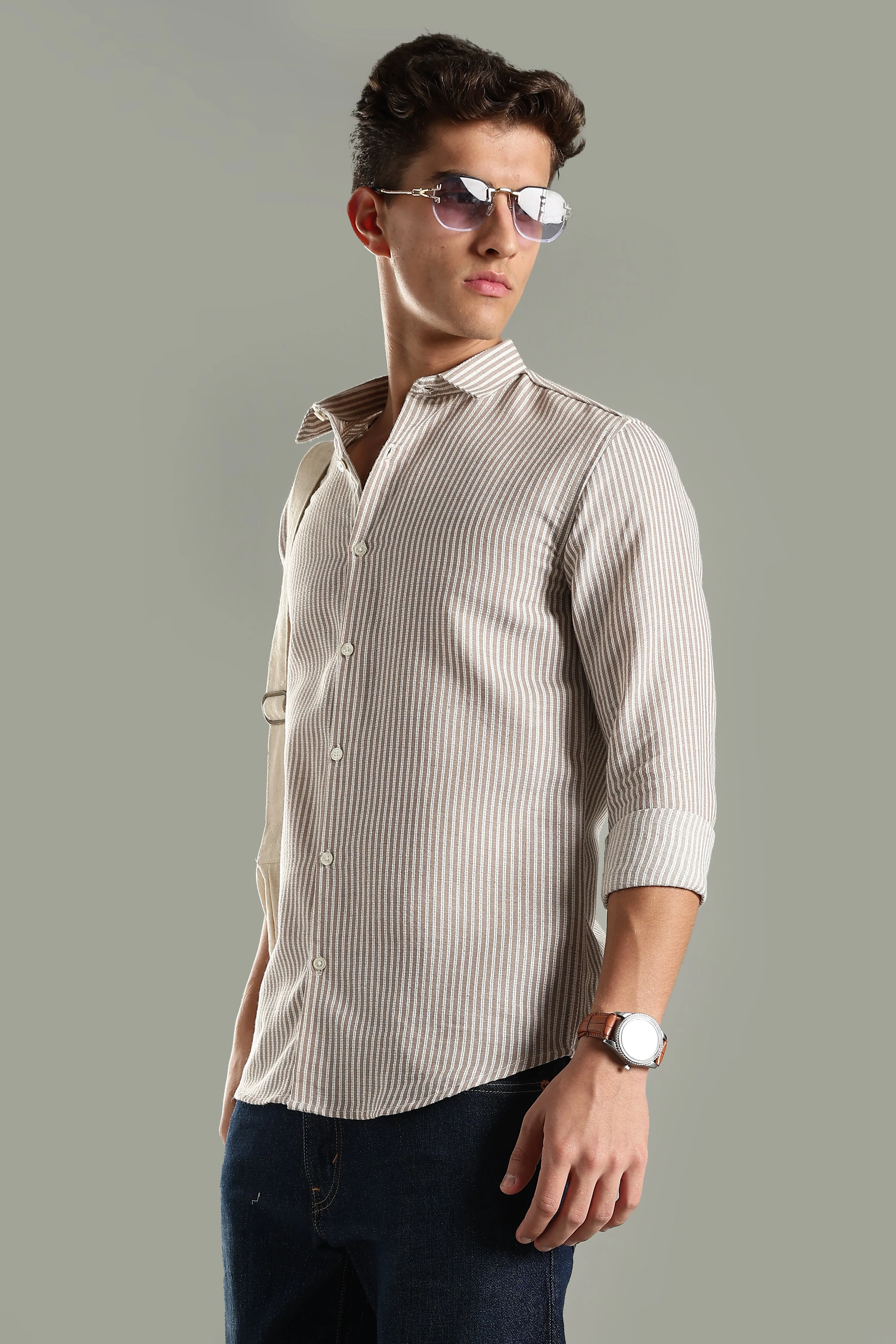 Men Looma Brown Stripes Shirt - Image 6