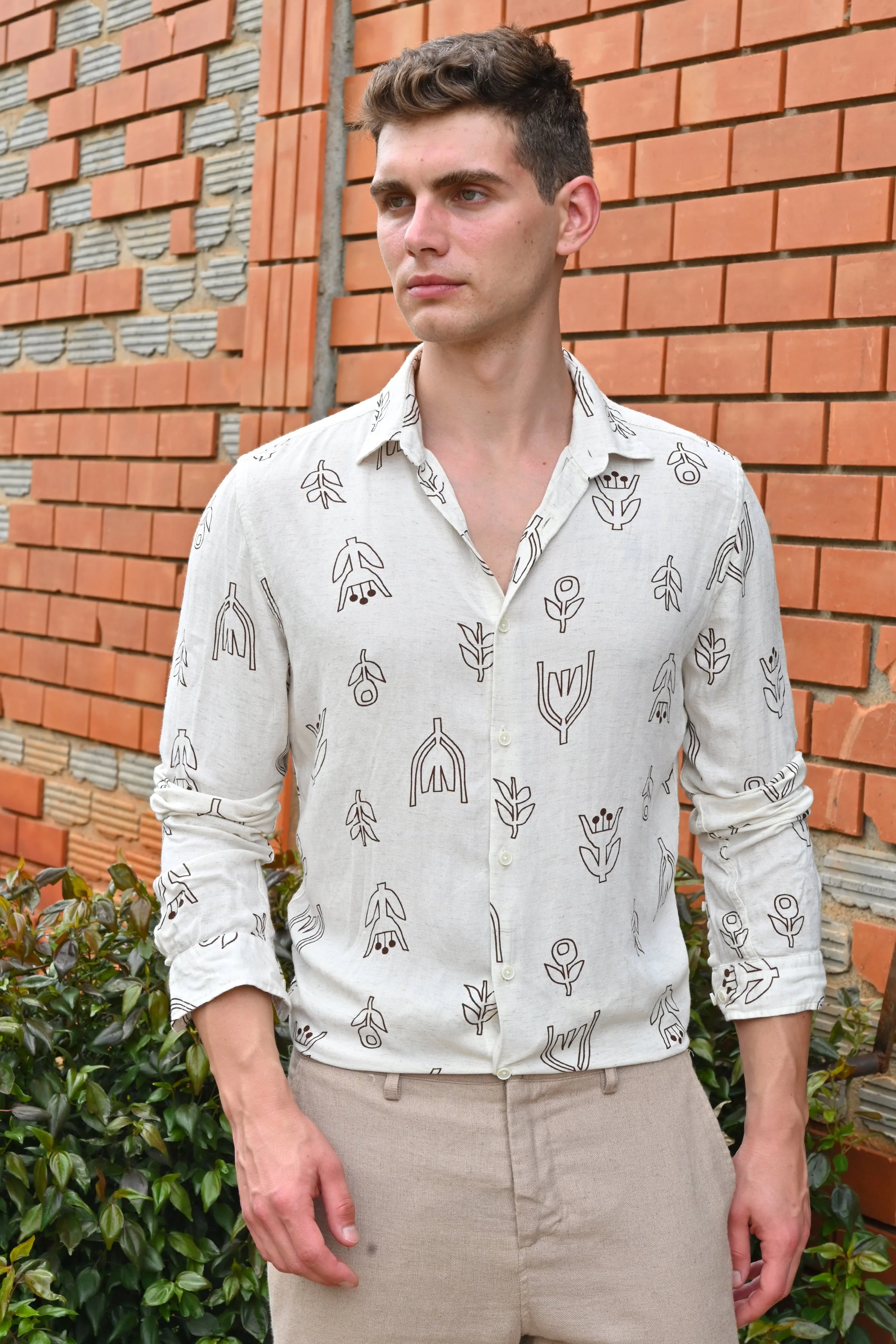 Men Luca Linen Printed Shirt Brown - Image 3