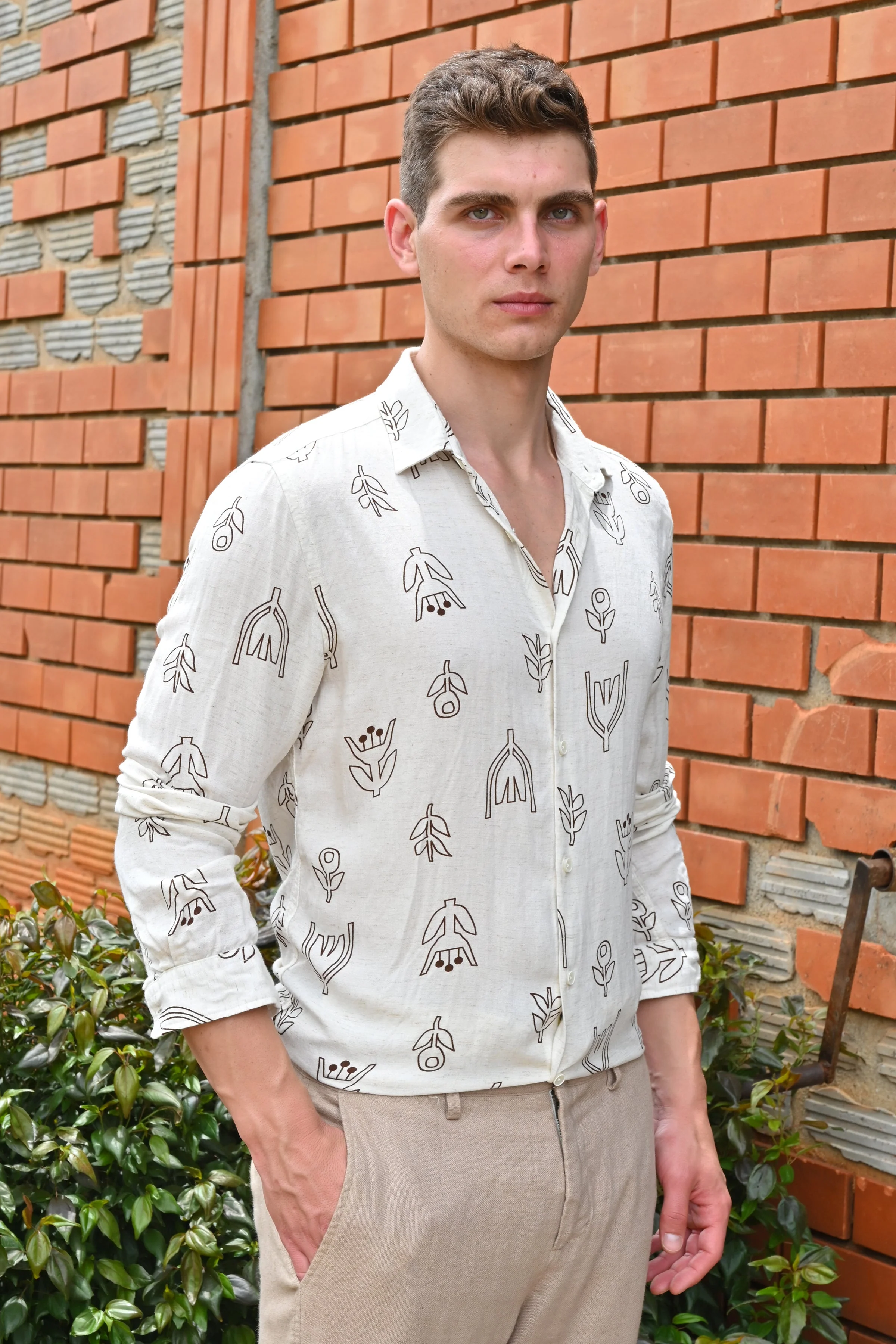 Men Luca Linen Printed Shirt Brown - Image 5