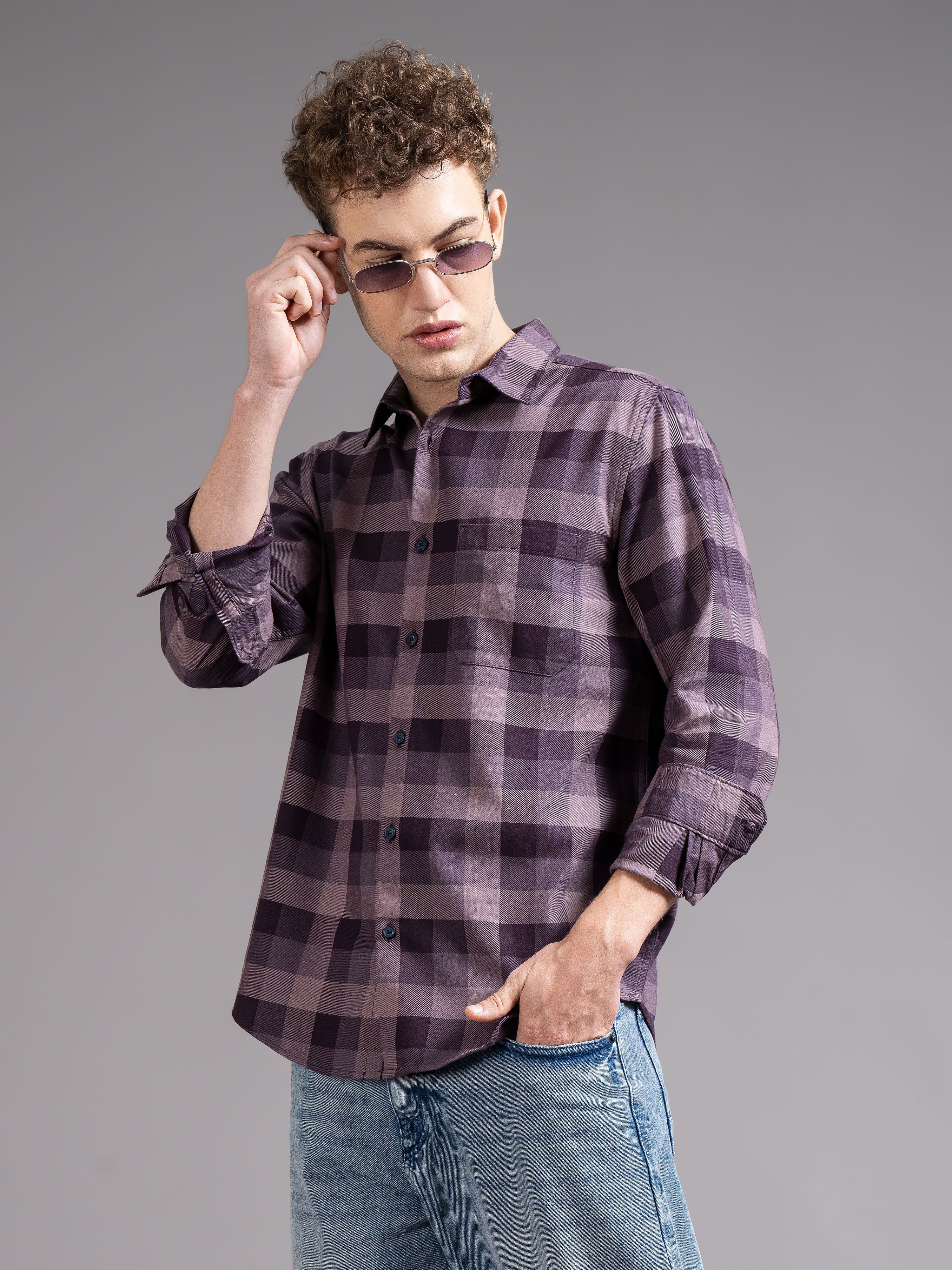 Men Magenta Checked Shirt - Image 3