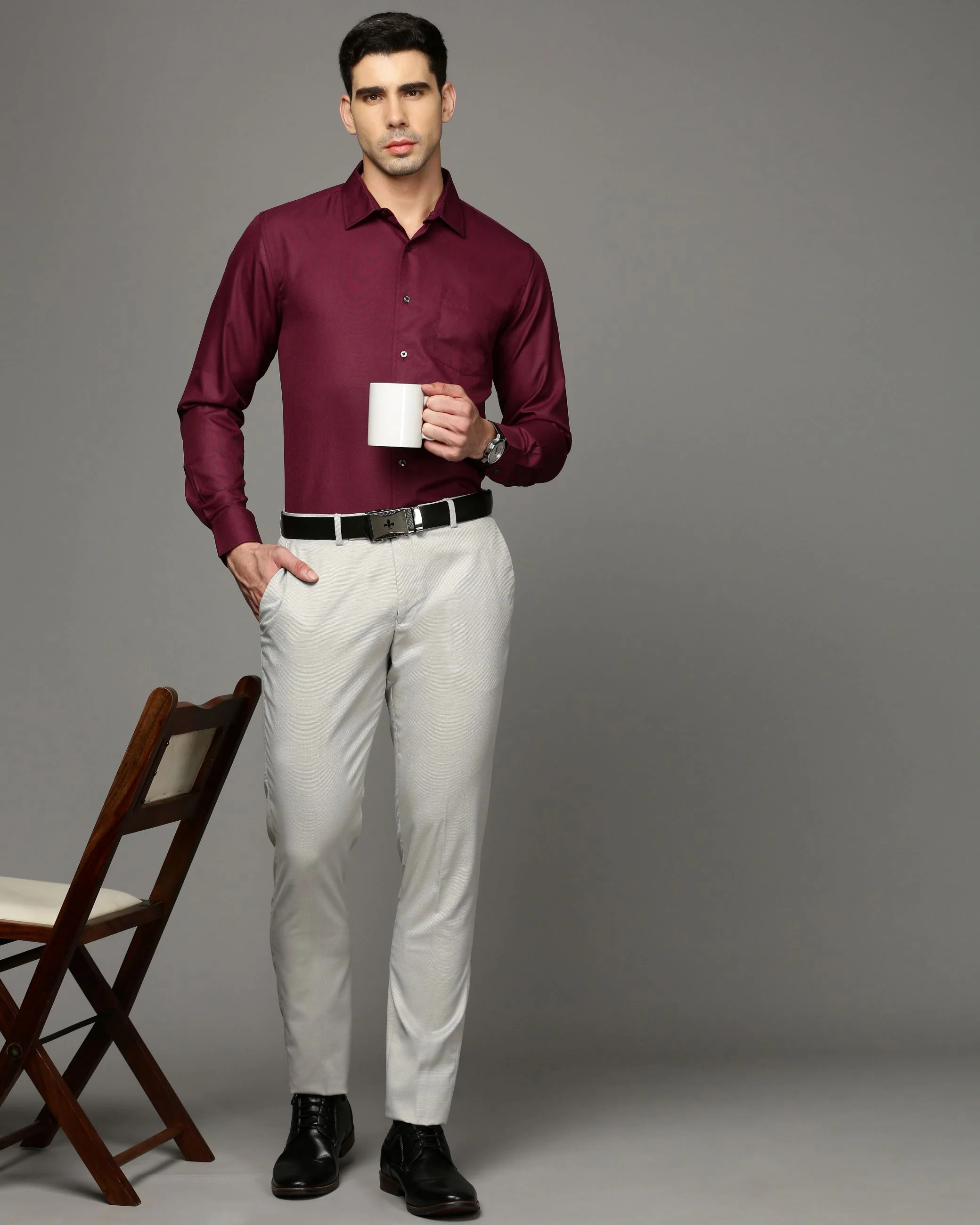 Men Magenta Cotton Blend Slim Shirt - Image 5