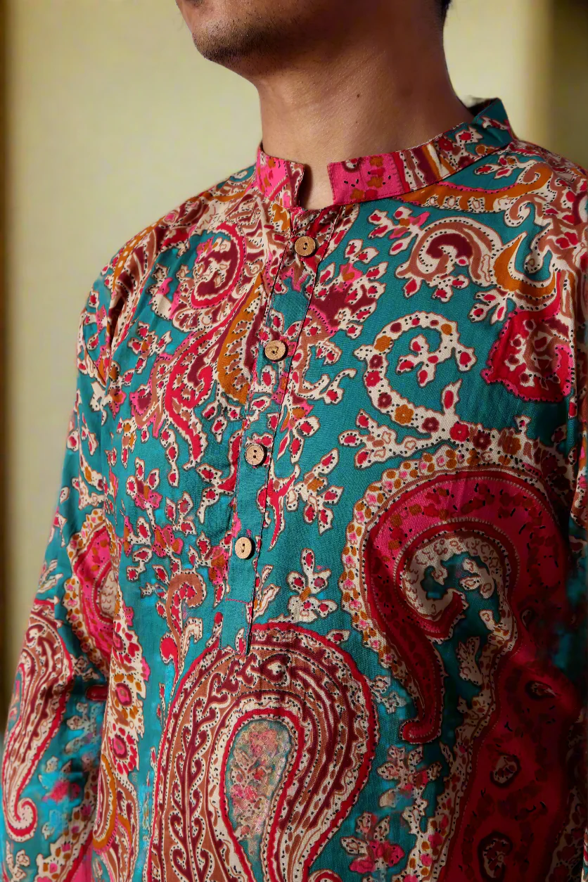 Men Magenta Cotton ethnic motif Printed Straight Kurta - Image 2
