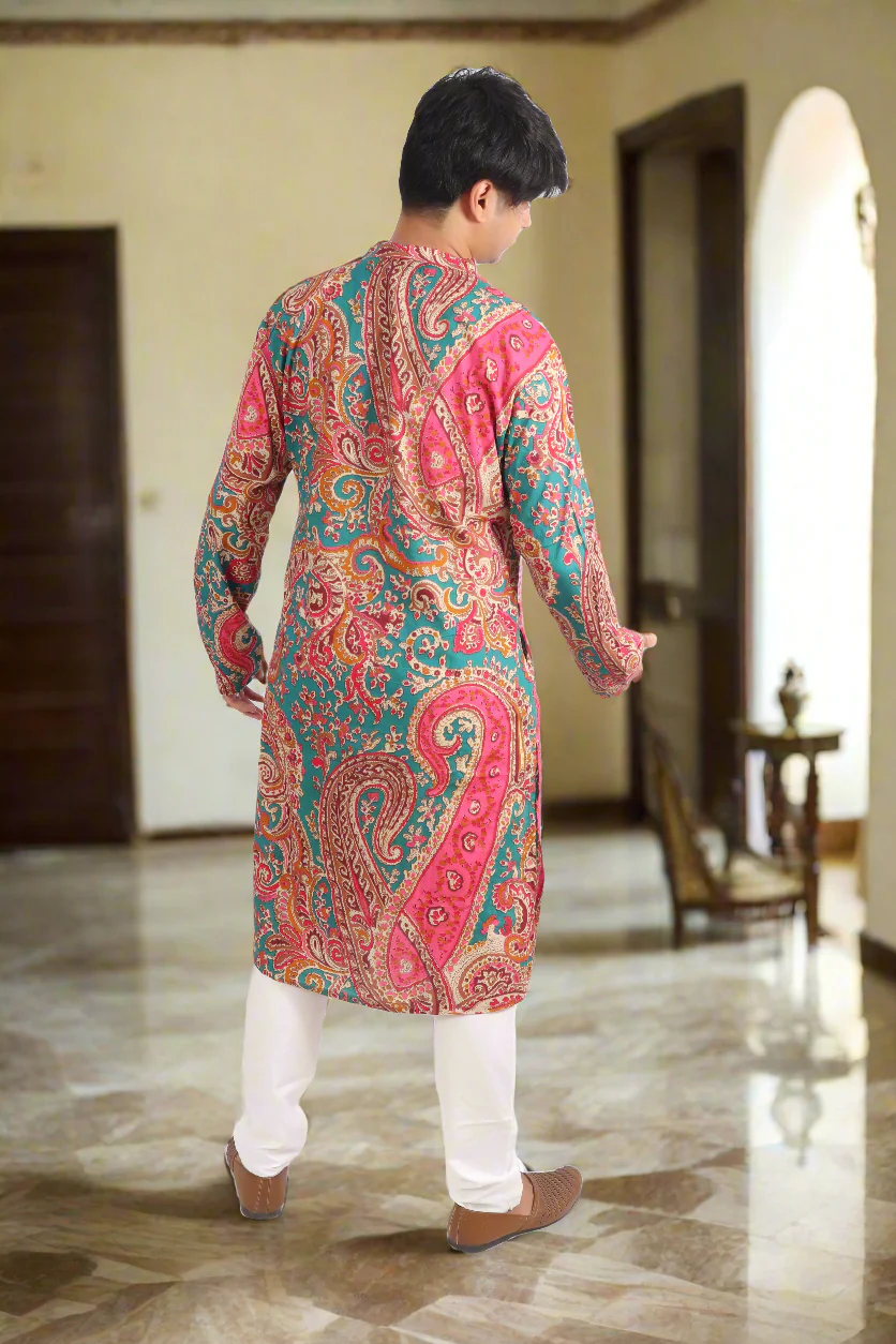 Men Magenta Cotton ethnic motif Printed Straight Kurta - Image 3