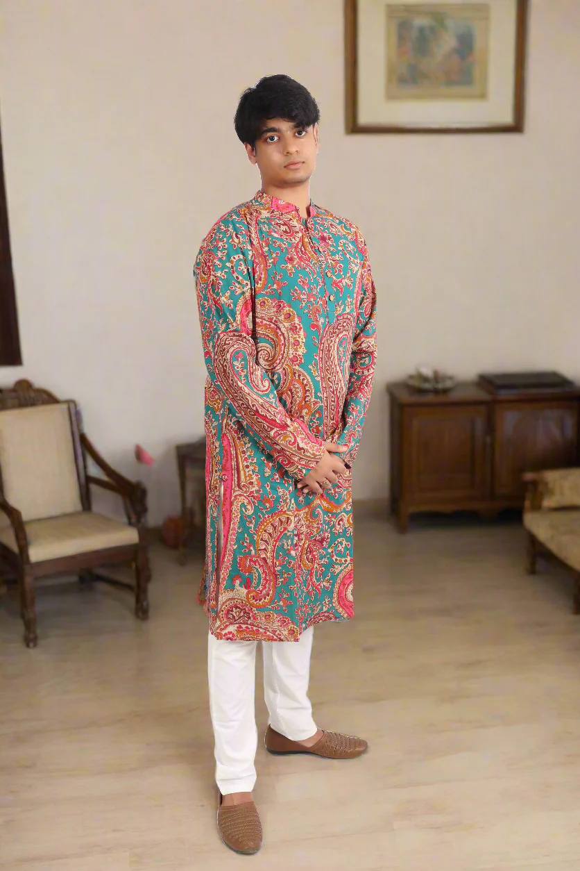 Men Magenta Cotton ethnic motif Printed Straight Kurta - Image 4