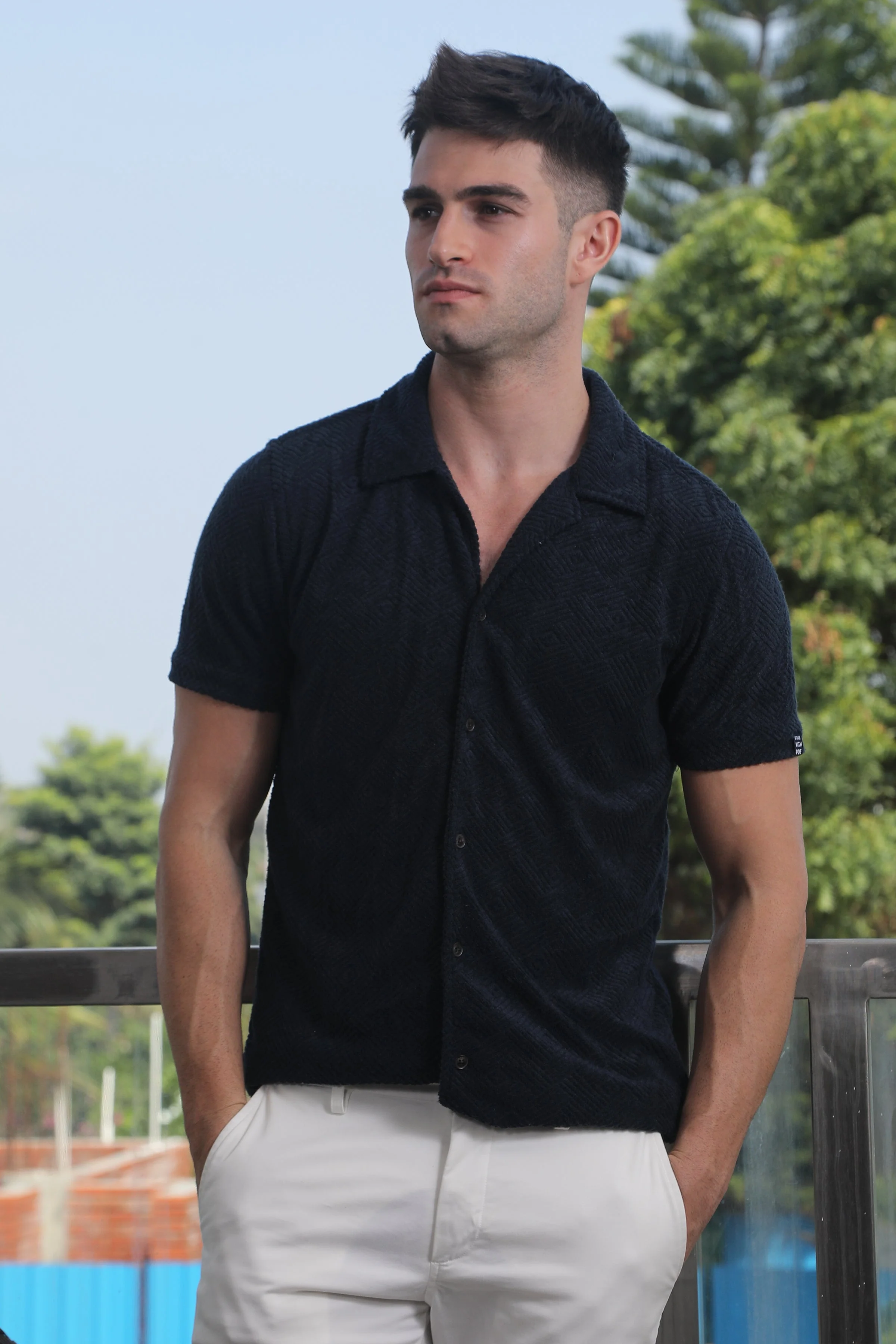 Men Mail Knitted Jacquard Shirt Navy - Image 7