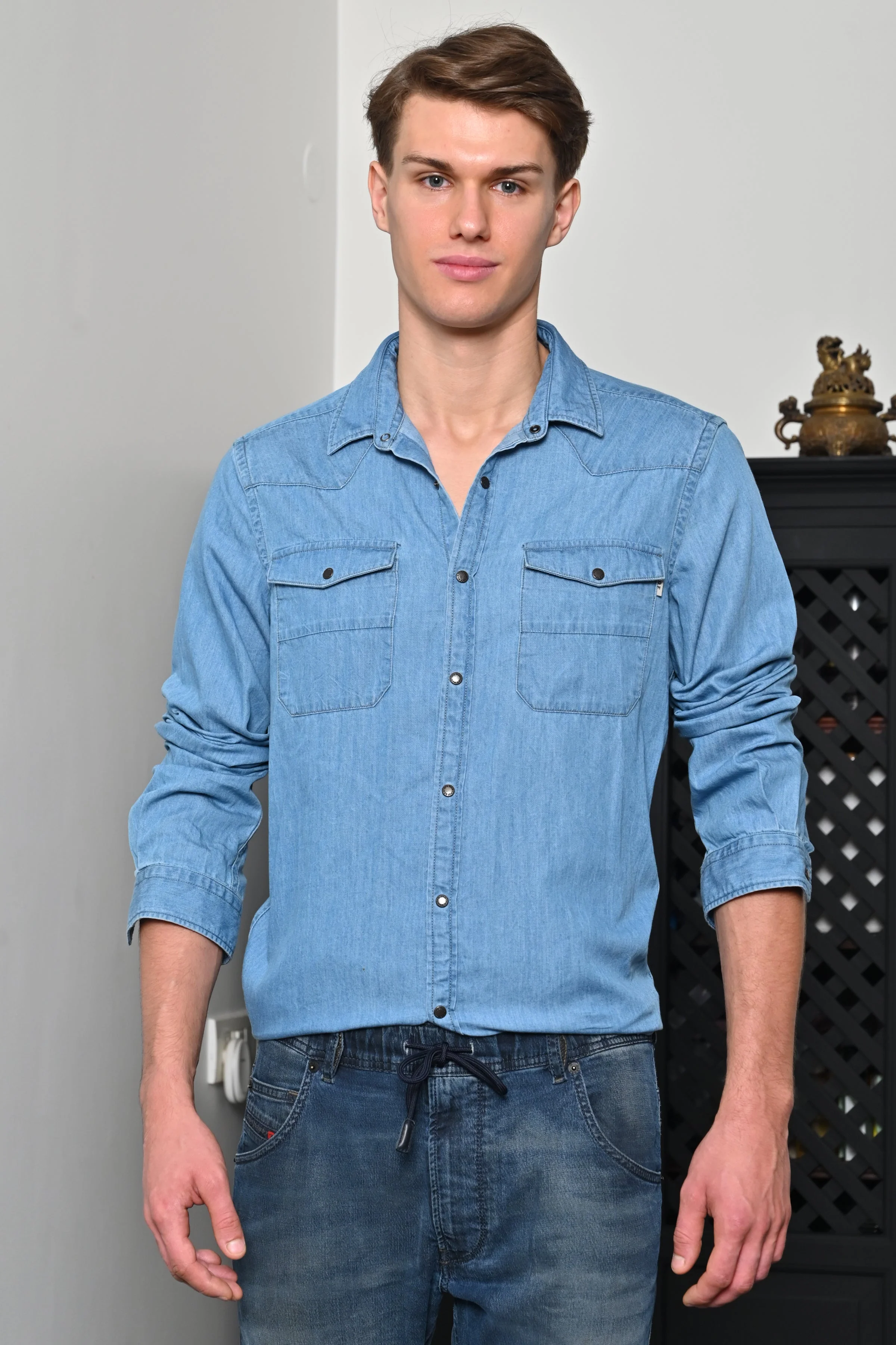 Men Mark Washed Down Denim Shirt Blue - Image 3