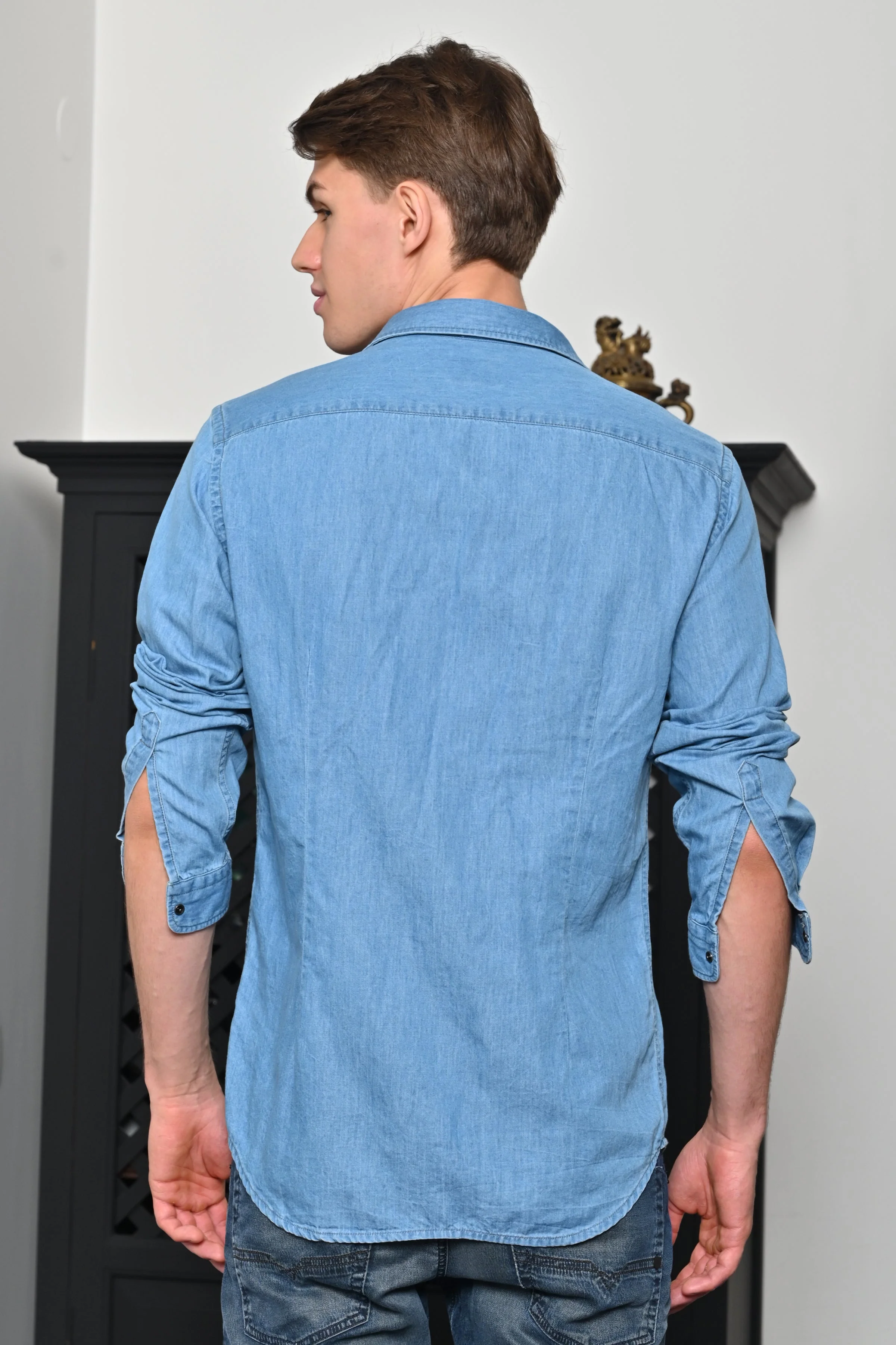 Men Mark Washed Down Denim Shirt Blue - Image 5