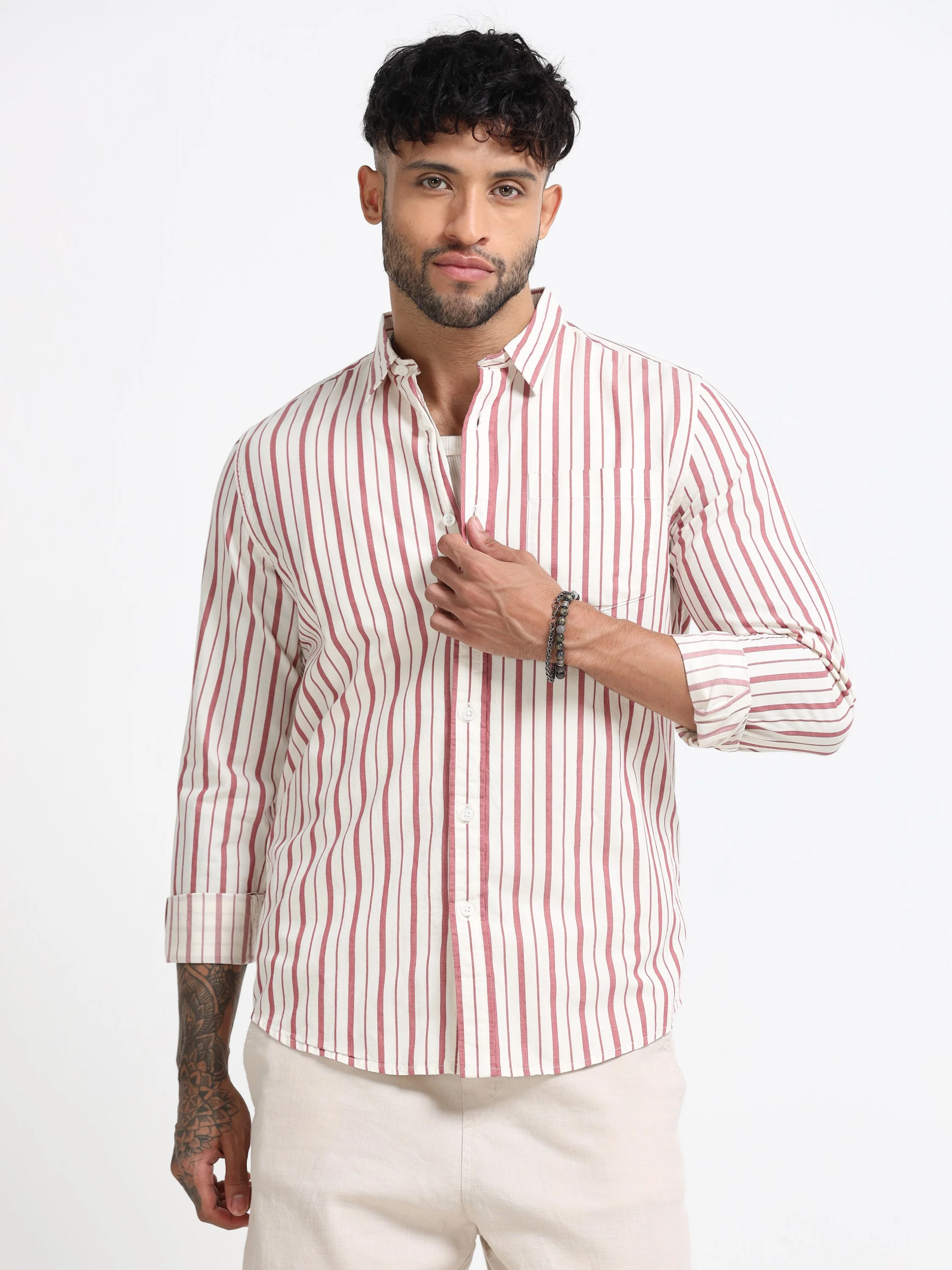 Men Maroon & White Stripe Shirt - Image 7