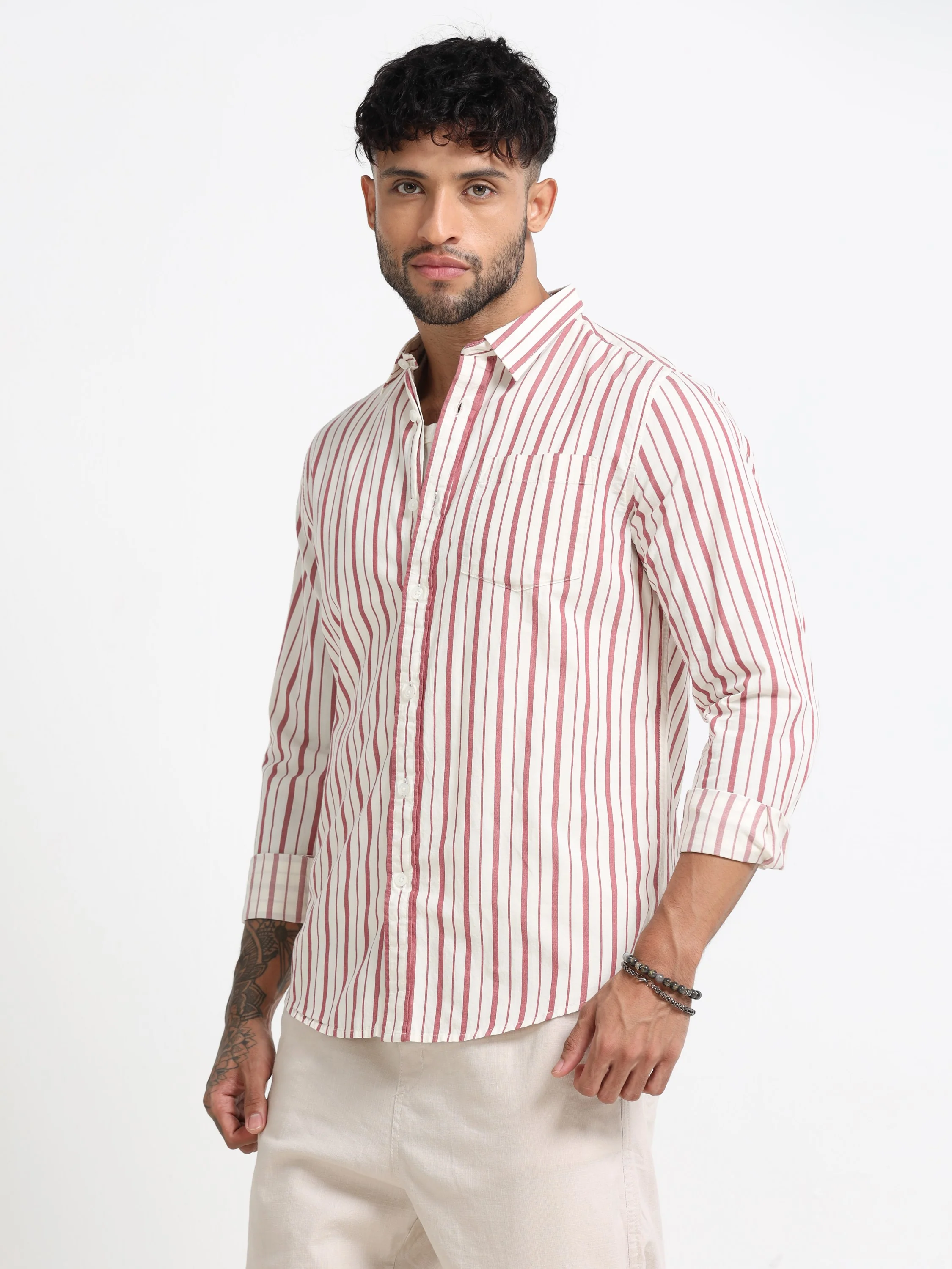 Men Maroon & White Stripe Shirt - Image 8