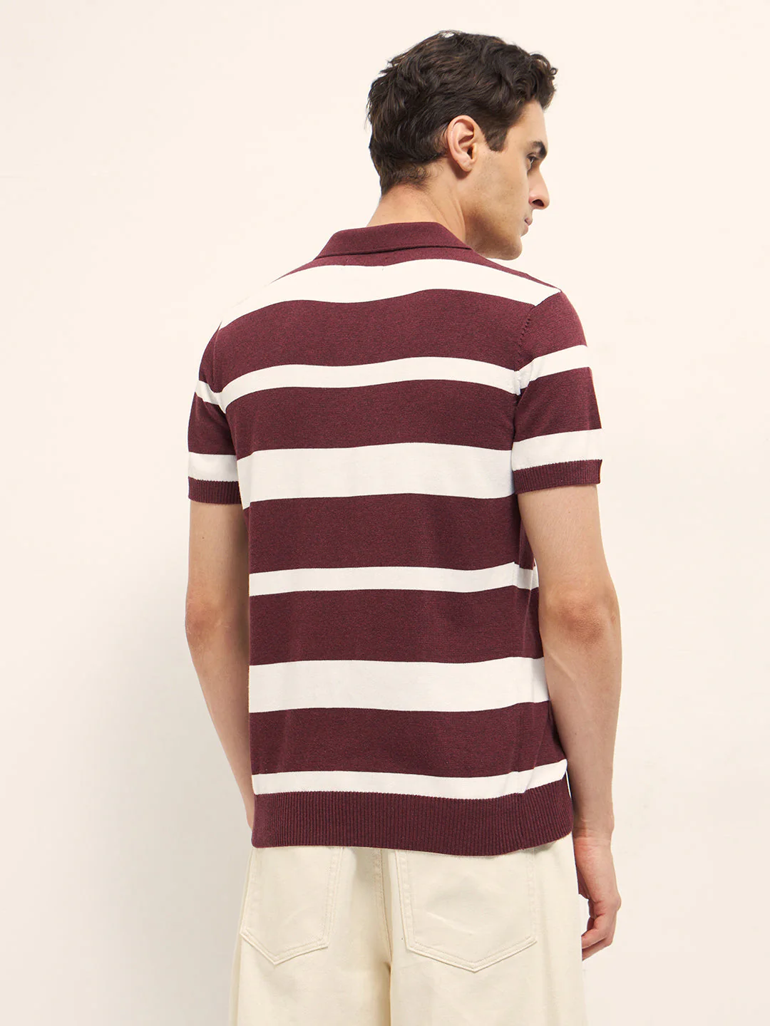 Men Maroon and White Horizontal Stripes Slim Fit Polo - Image 2