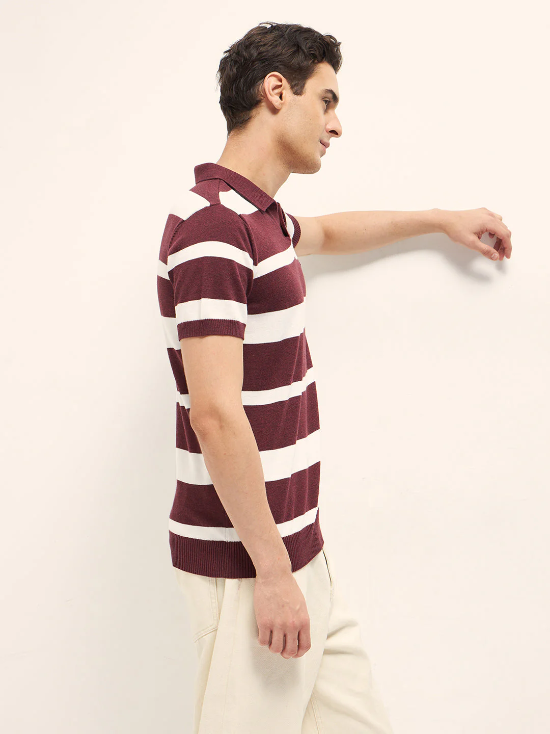 Men Maroon and White Horizontal Stripes Slim Fit Polo - Image 3
