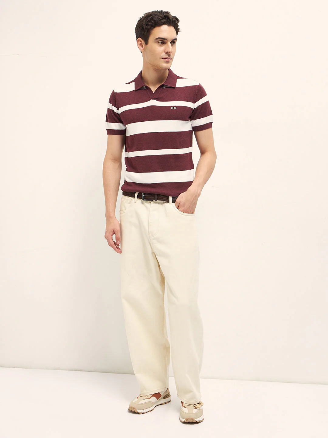 Men Maroon and White Horizontal Stripes Slim Fit Polo - Image 4