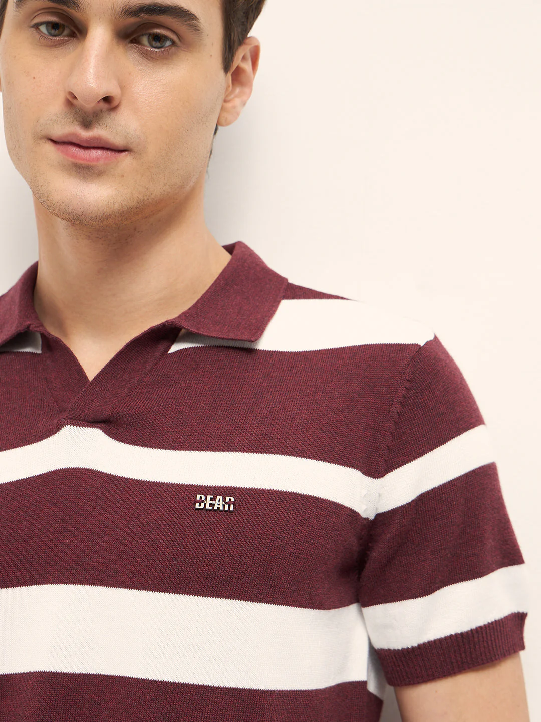 Men Maroon and White Horizontal Stripes Slim Fit Polo - Image 5