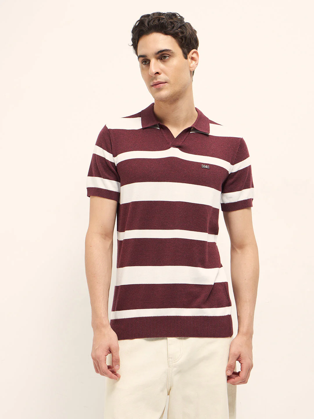 Men Maroon and White Horizontal Stripes Slim Fit Polo - Image 6