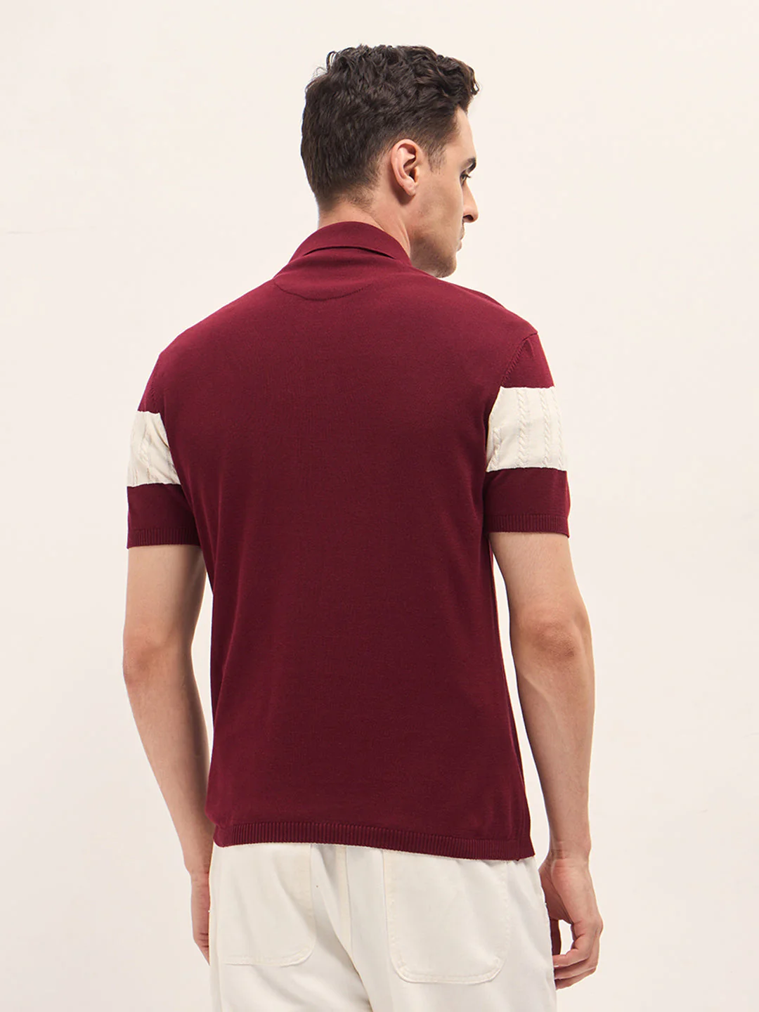 Men Maroon Cable-Knit Textured Stripe Slim Fit Polo - Image 2