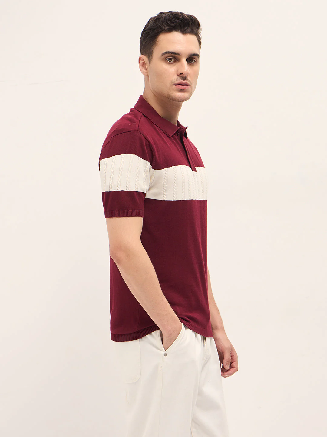 Men Maroon Cable-Knit Textured Stripe Slim Fit Polo - Image 3