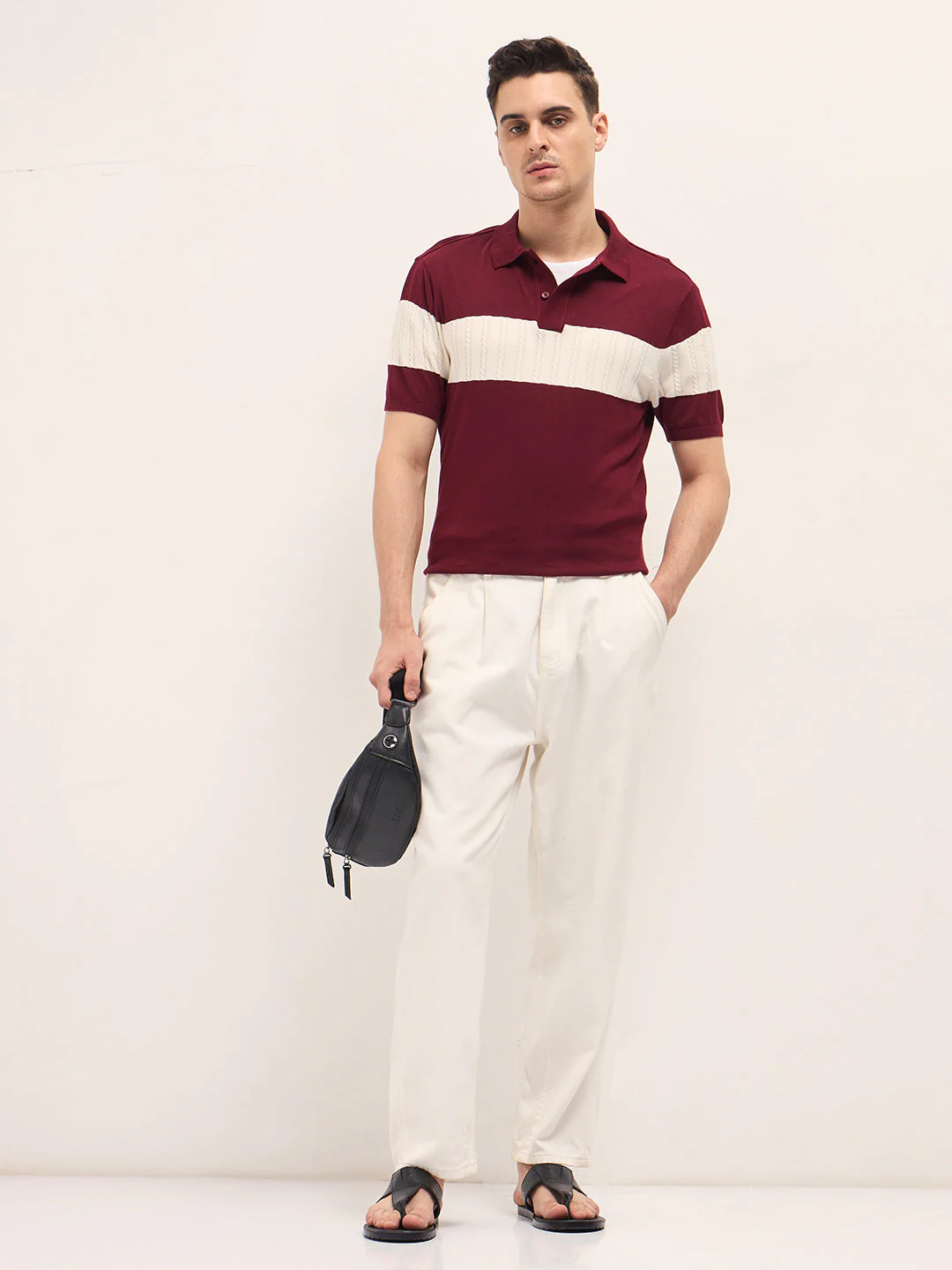 Men Maroon Cable-Knit Textured Stripe Slim Fit Polo - Image 4