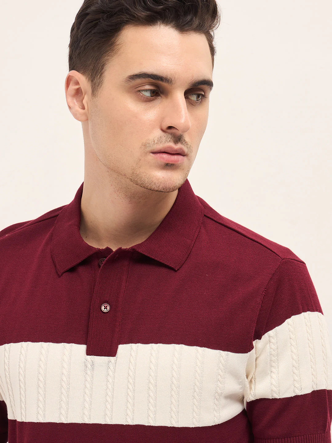 Men Maroon Cable-Knit Textured Stripe Slim Fit Polo - Image 5