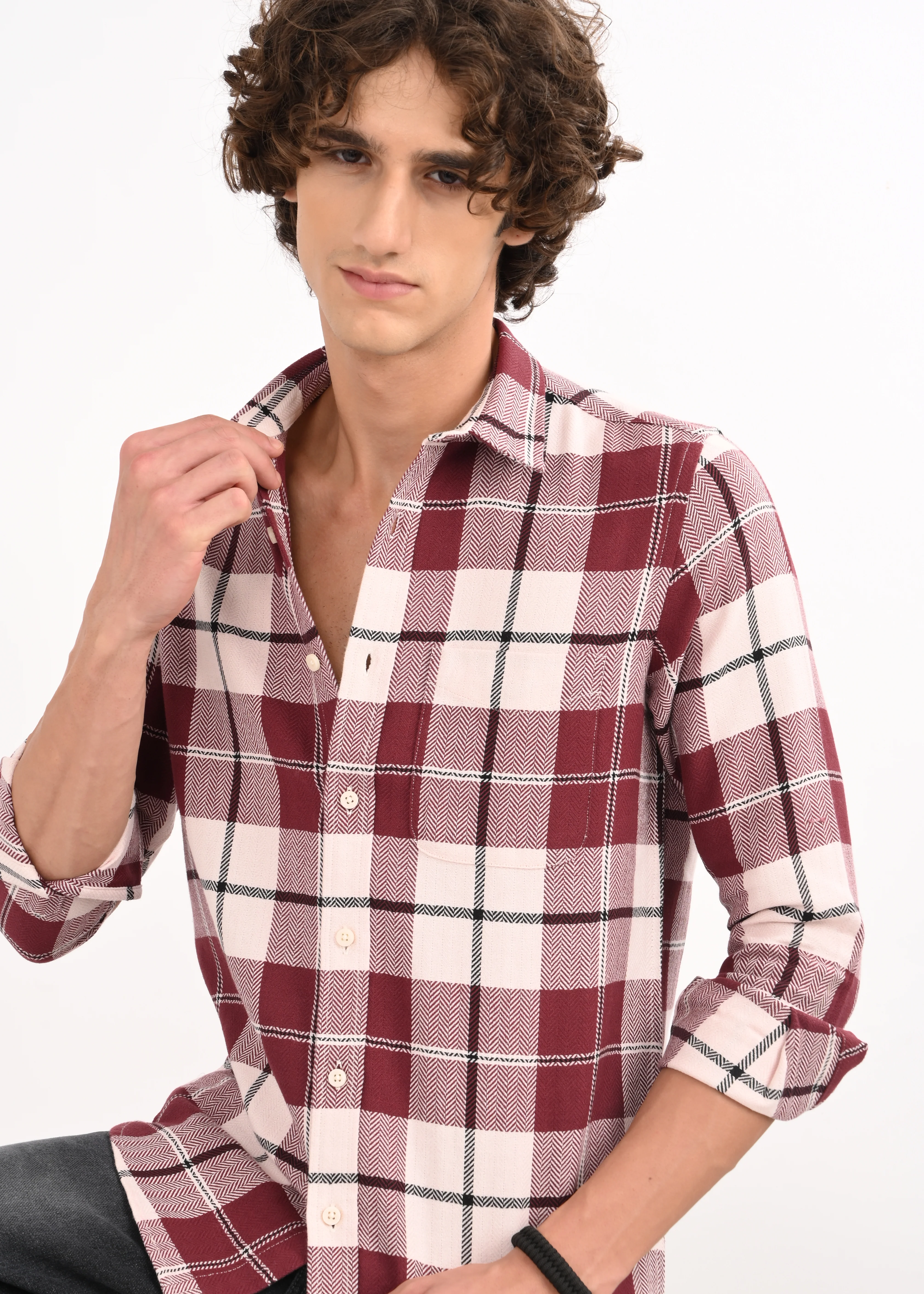Men Maroon Checked Shirt - Image 3