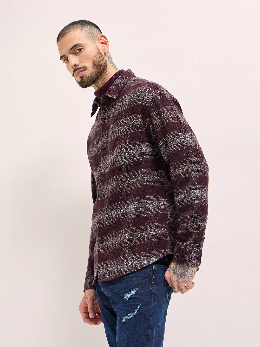 Men Maroon Checkered Relax Fit Flannel Overshirt - Image 3