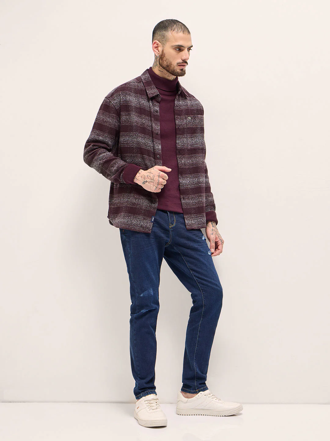 Men Maroon Checkered Relax Fit Flannel Overshirt - Image 4