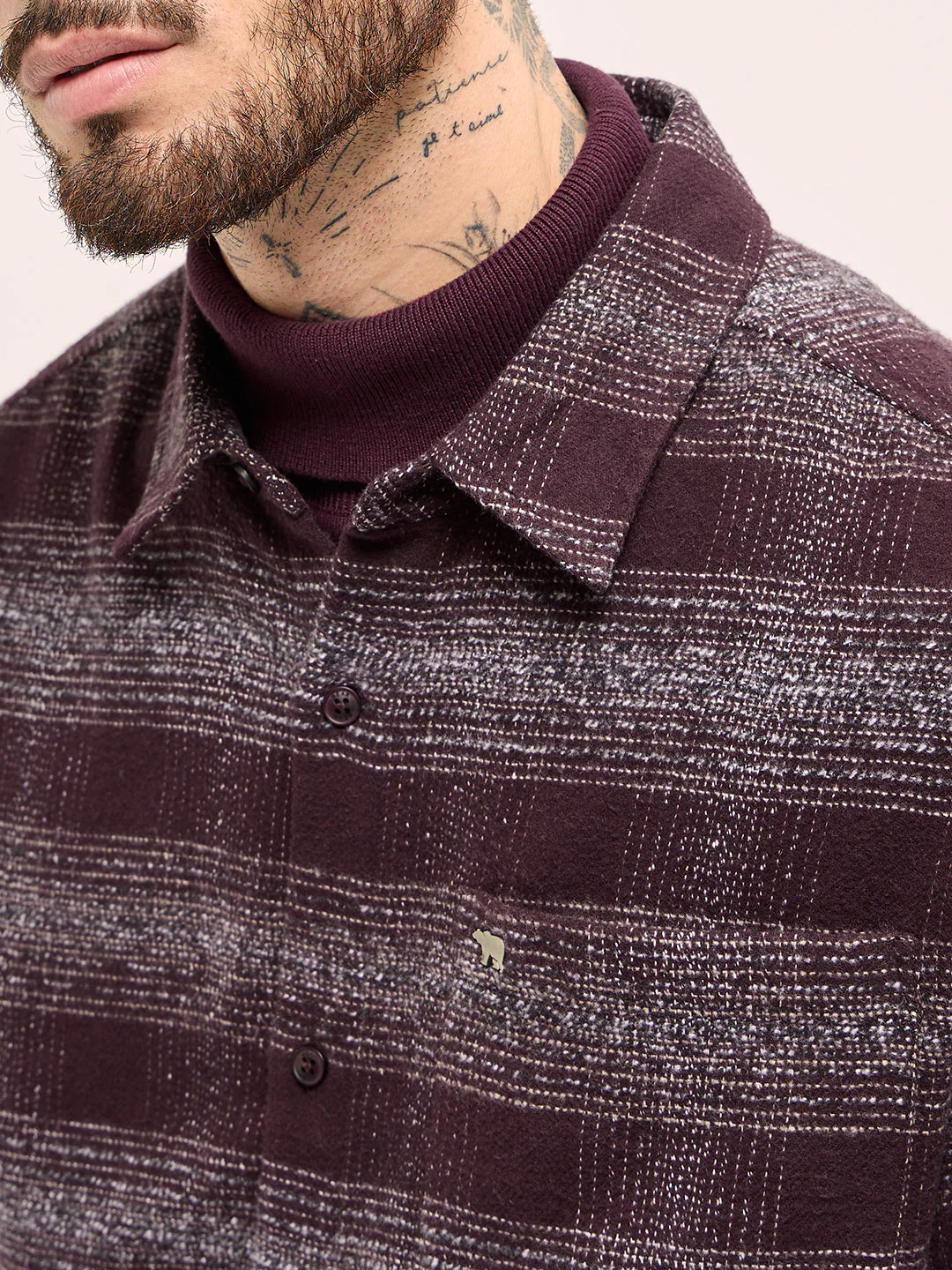 Men Maroon Checkered Relax Fit Flannel Overshirt - Image 5