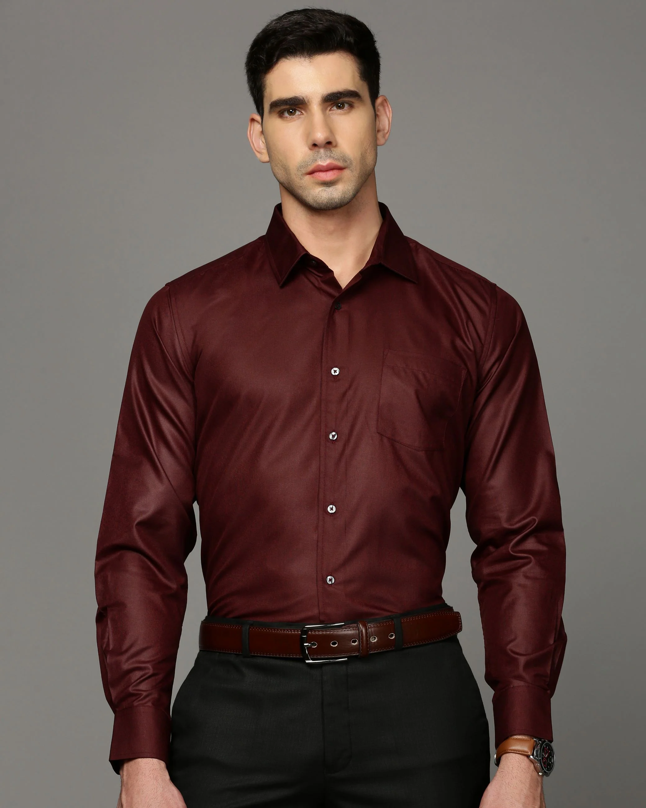 Men Maroon Cotton Blend Slim Shirt - Image 2