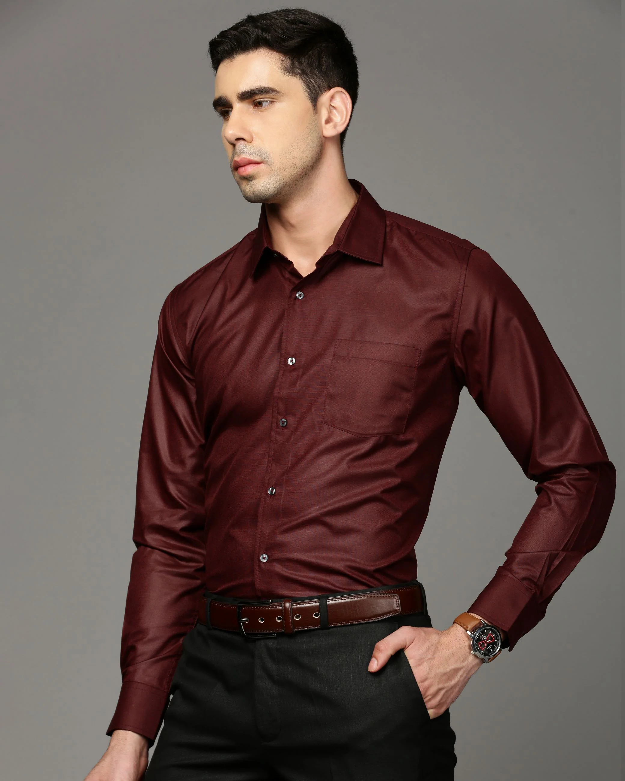 Men Maroon Cotton Blend Slim Shirt - Image 3