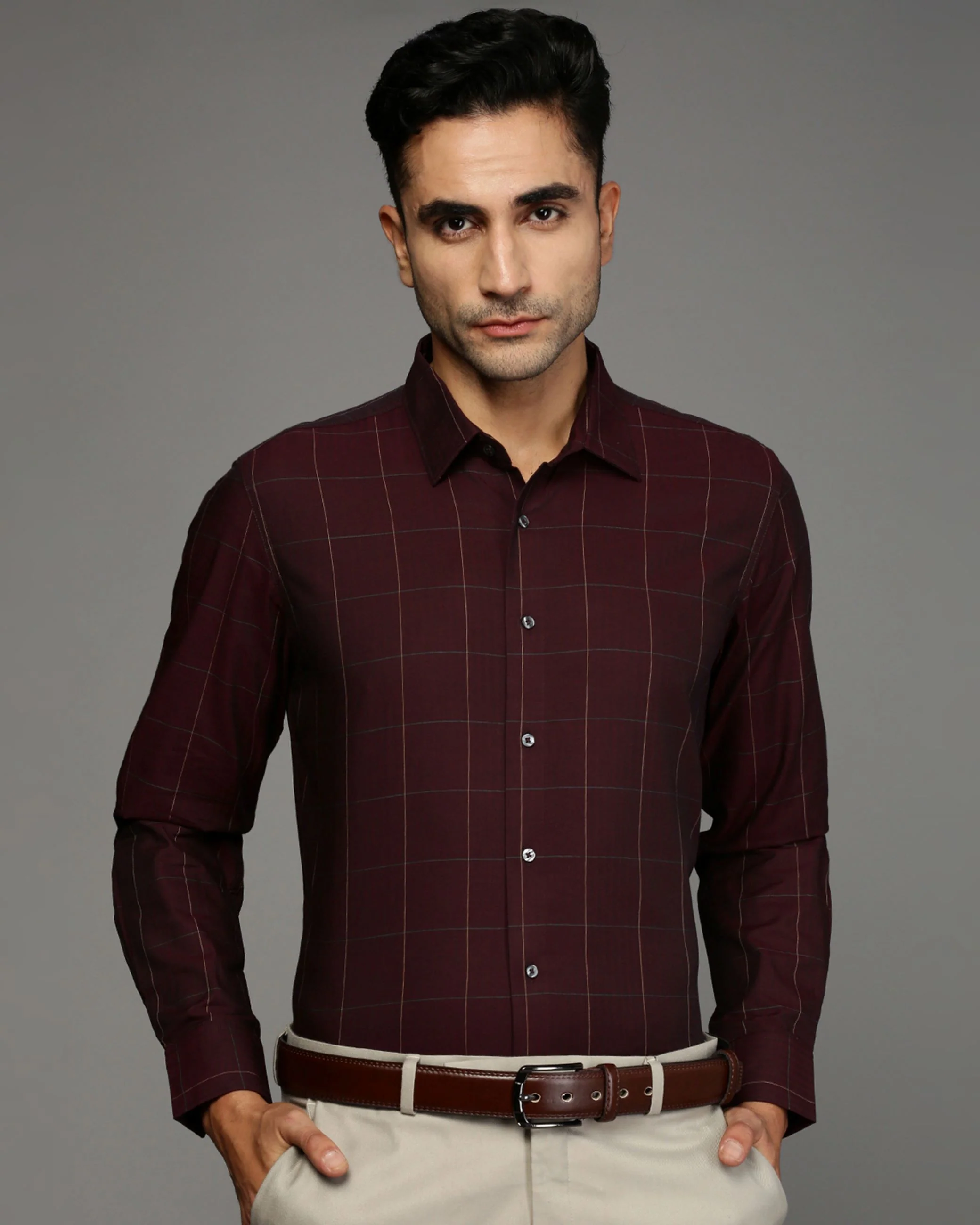 Men Maroon Cotton Blend Slim Shirt - Image 2