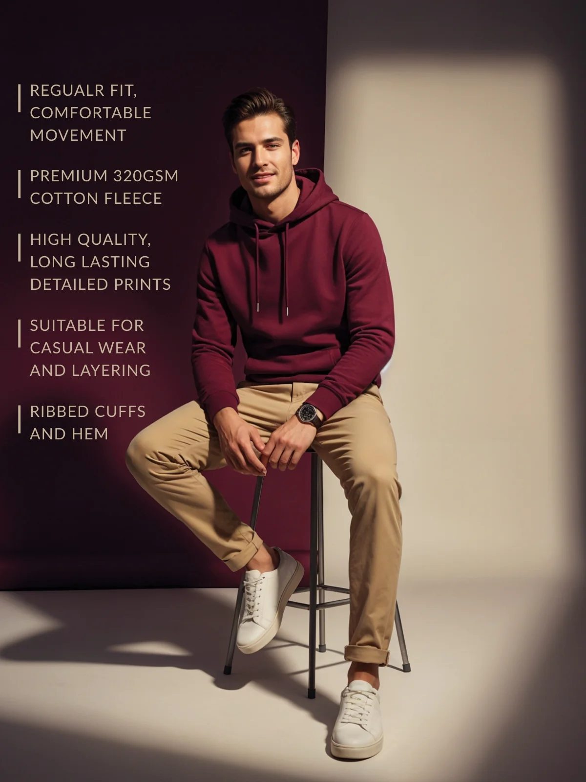 Men Maroon Cotton Fleece Printed Hoodie - Image 3