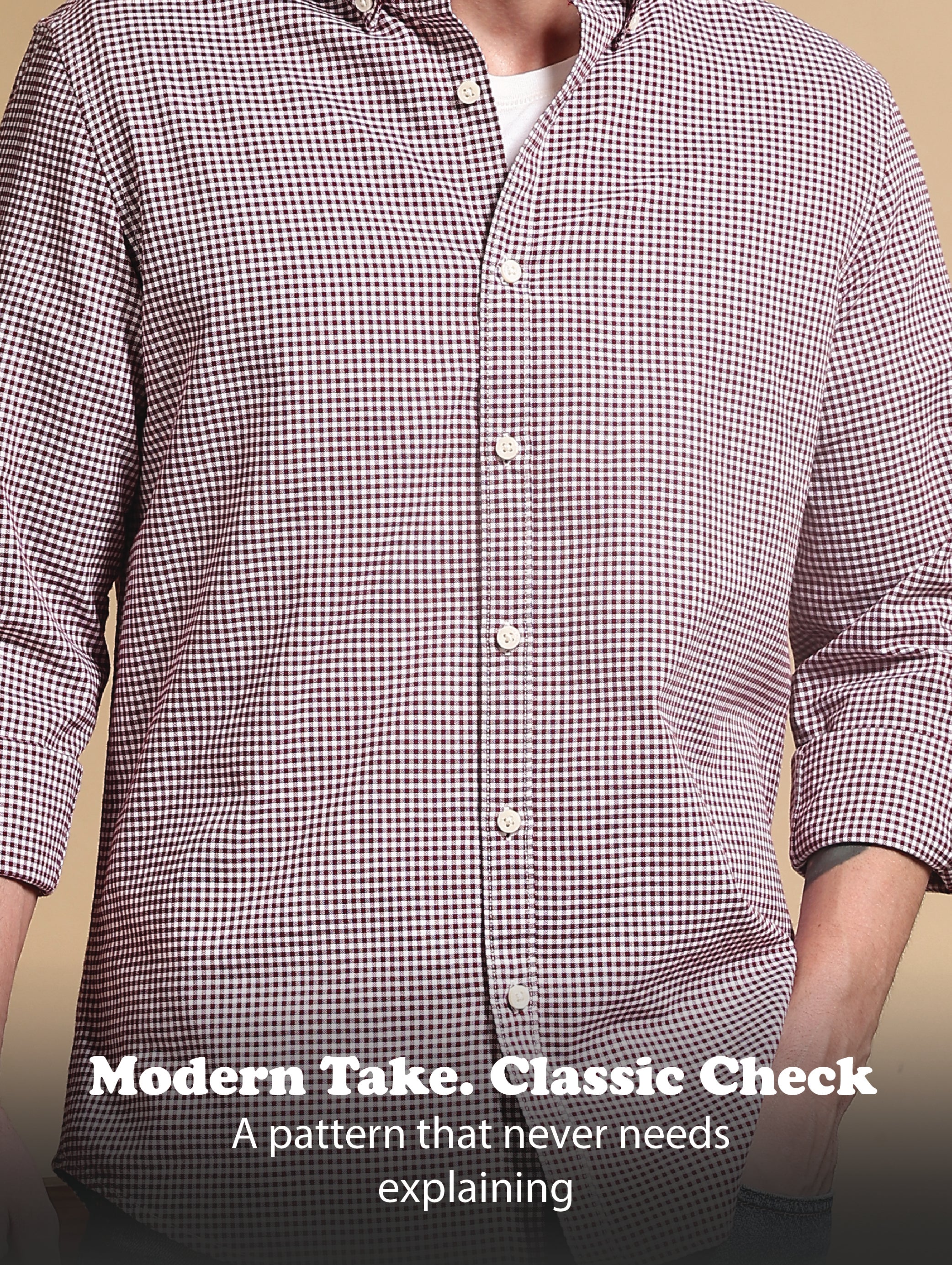 Men Maroon Cotton Oxford Slim Fit Mini Checks Shirt - Image 12