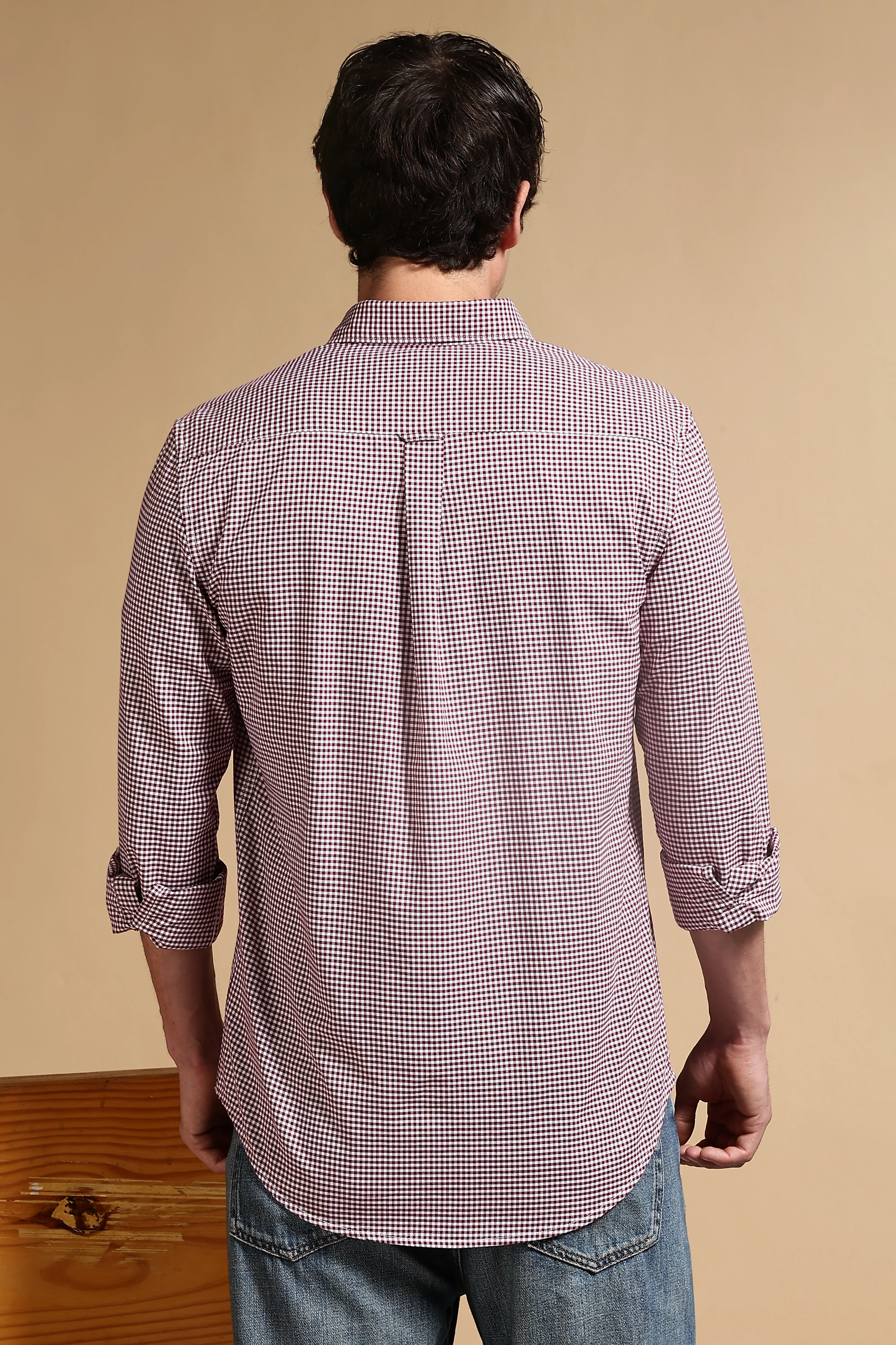 Men Maroon Cotton Oxford Slim Fit Mini Checks Shirt - Image 4