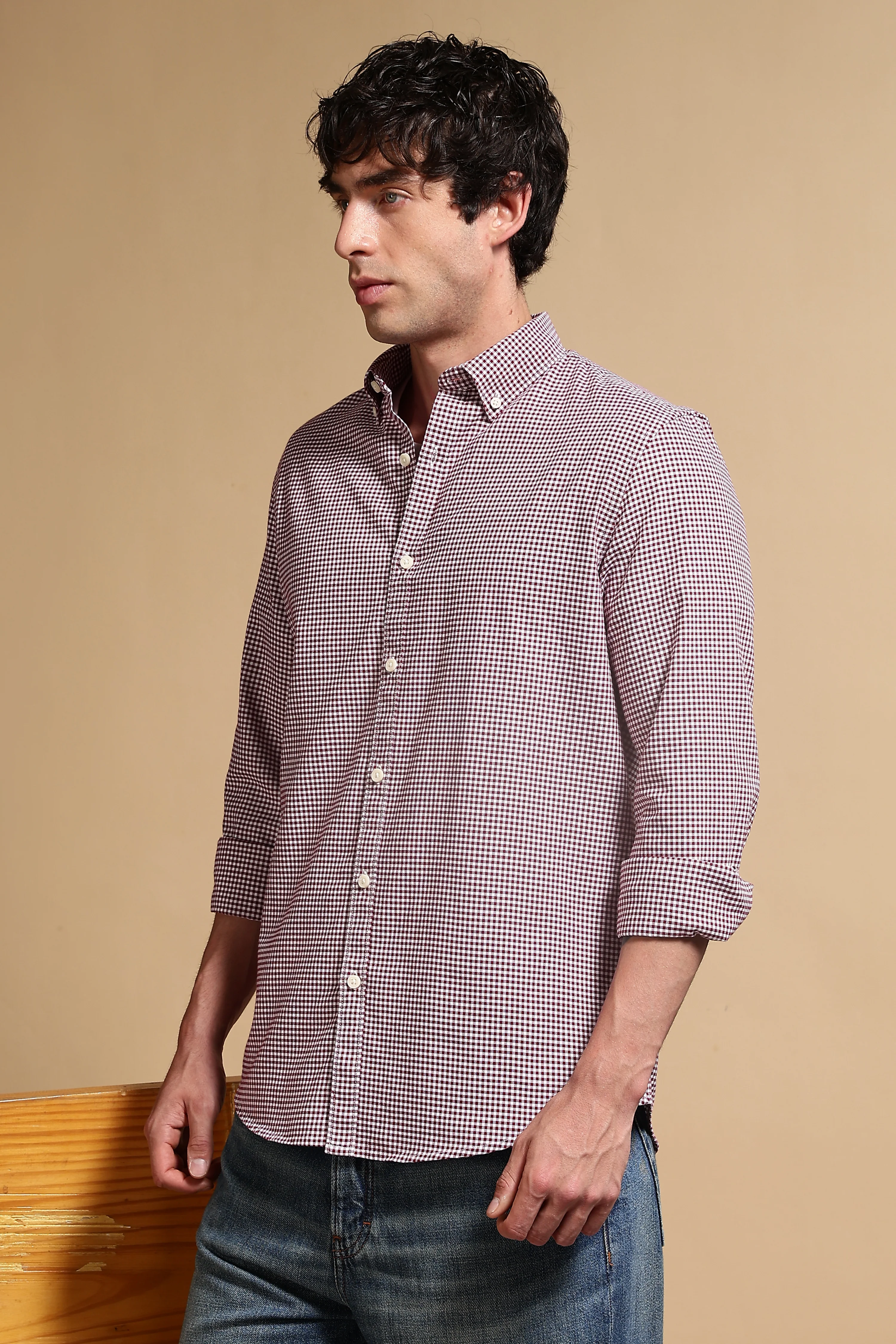 Men Maroon Cotton Oxford Slim Fit Mini Checks Shirt - Image 5