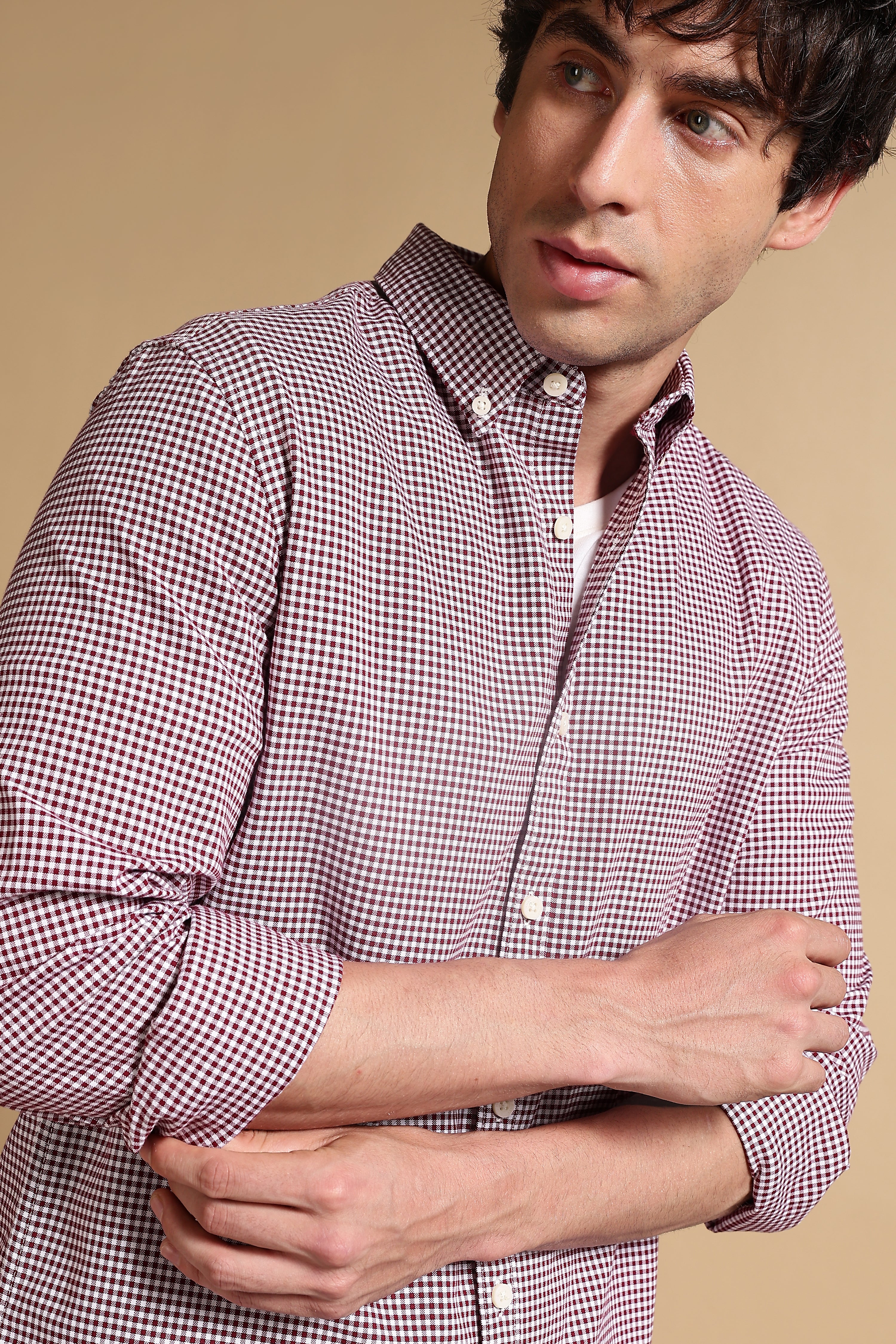 Men Maroon Cotton Oxford Slim Fit Mini Checks Shirt - Image 6