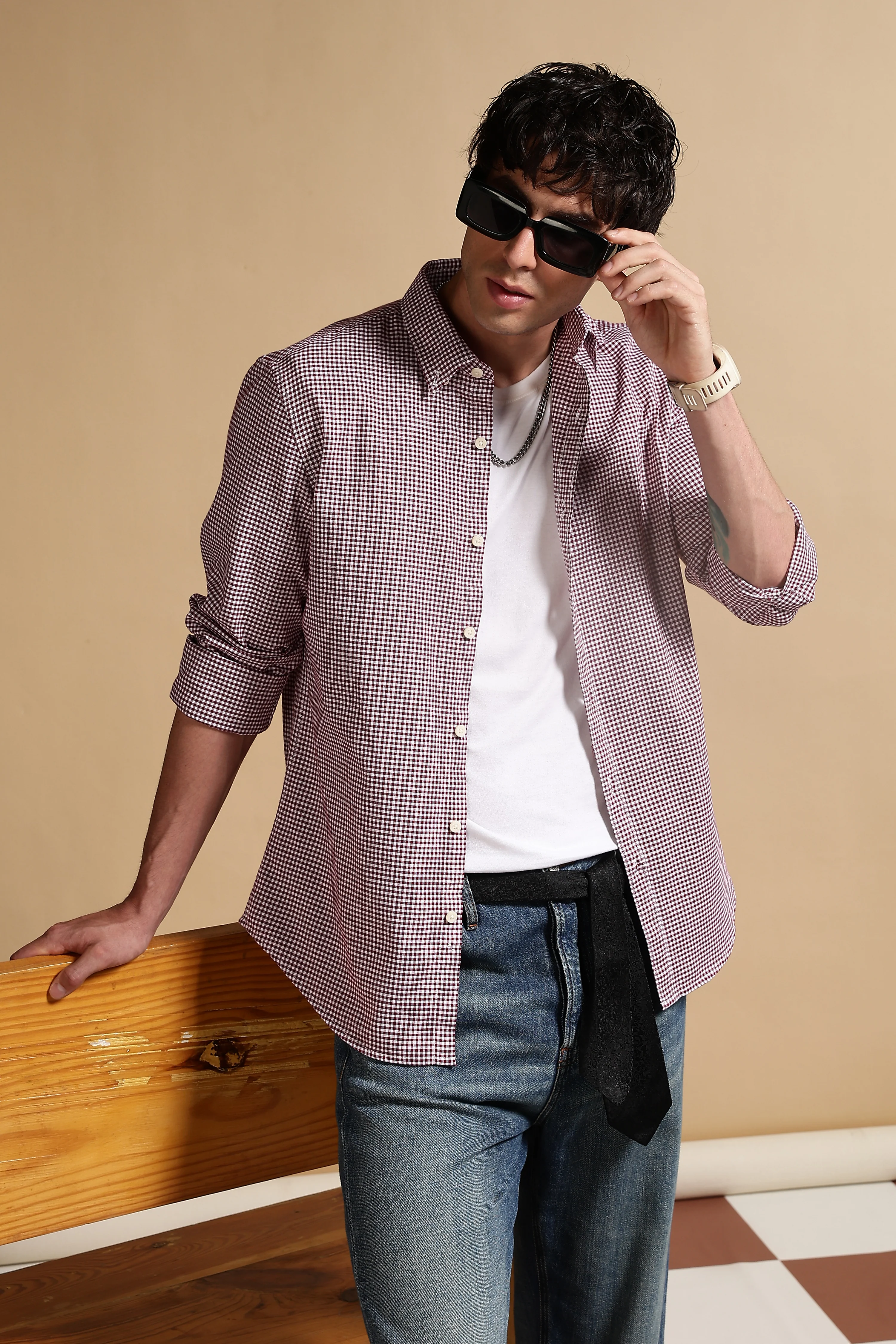 Men Maroon Cotton Oxford Slim Fit Mini Checks Shirt - Image 7
