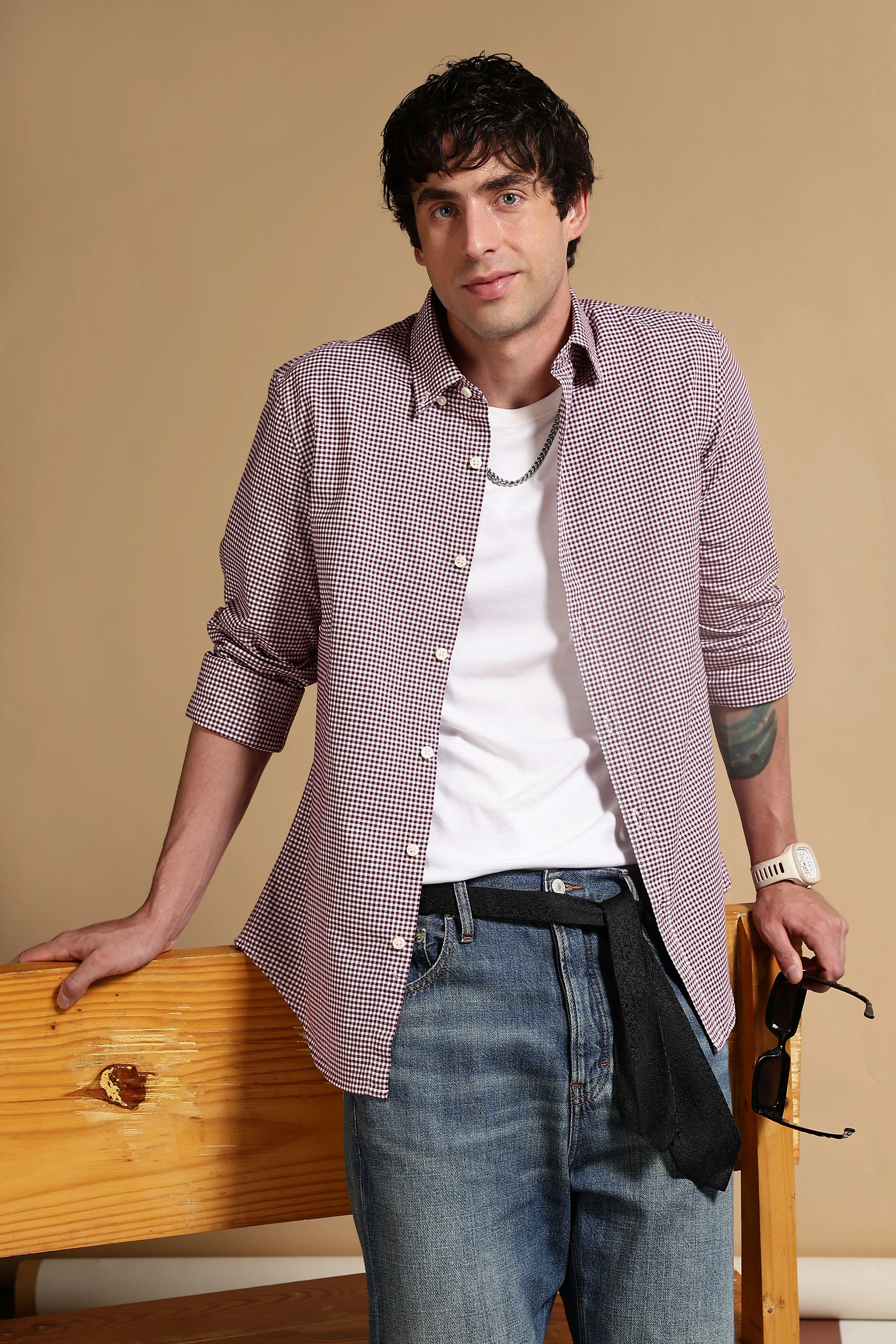Men Maroon Cotton Oxford Slim Fit Mini Checks Shirt - Image 9