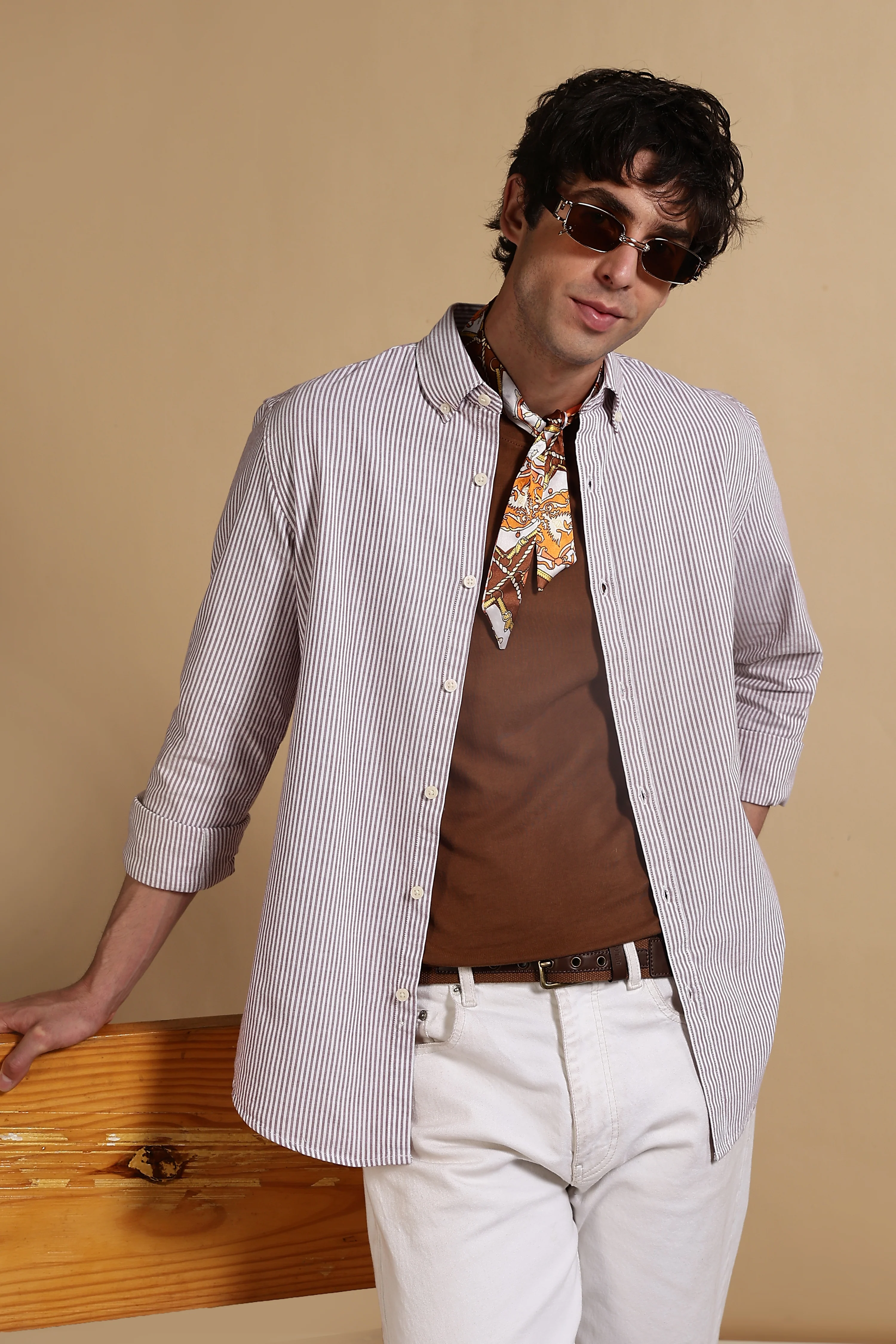 Men Maroon Cotton Oxford Slim Fit Striped Shirt - Image 10